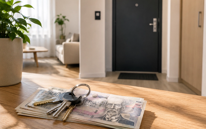 A set of apartment keys resting on a stack of Czech koruna banknotes, with an apartment doorway in the background