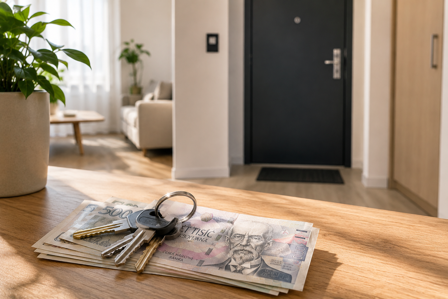 A set of apartment keys resting on a stack of Czech koruna banknotes, with an apartment doorway in the background