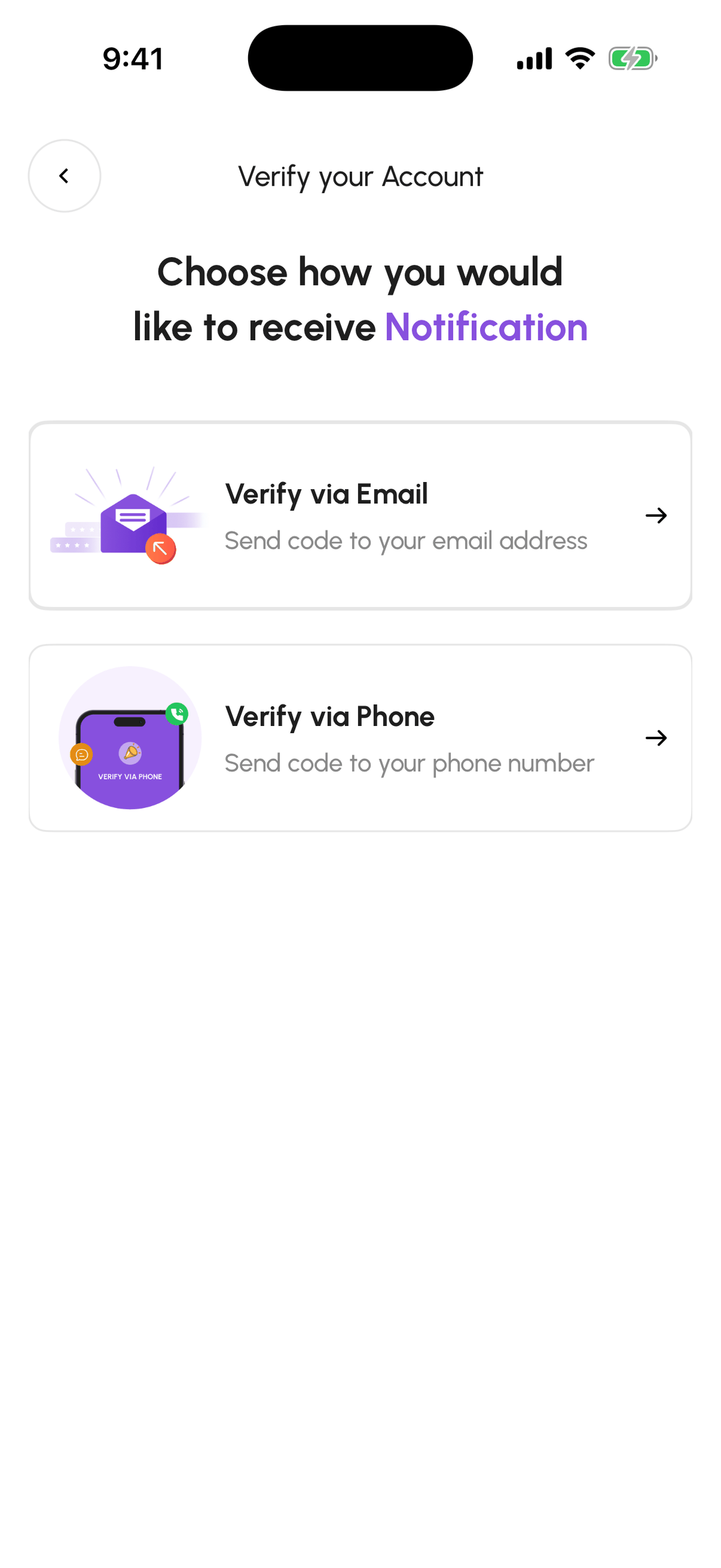 Verify your Account screen with Verify via Email and Verify via Phone