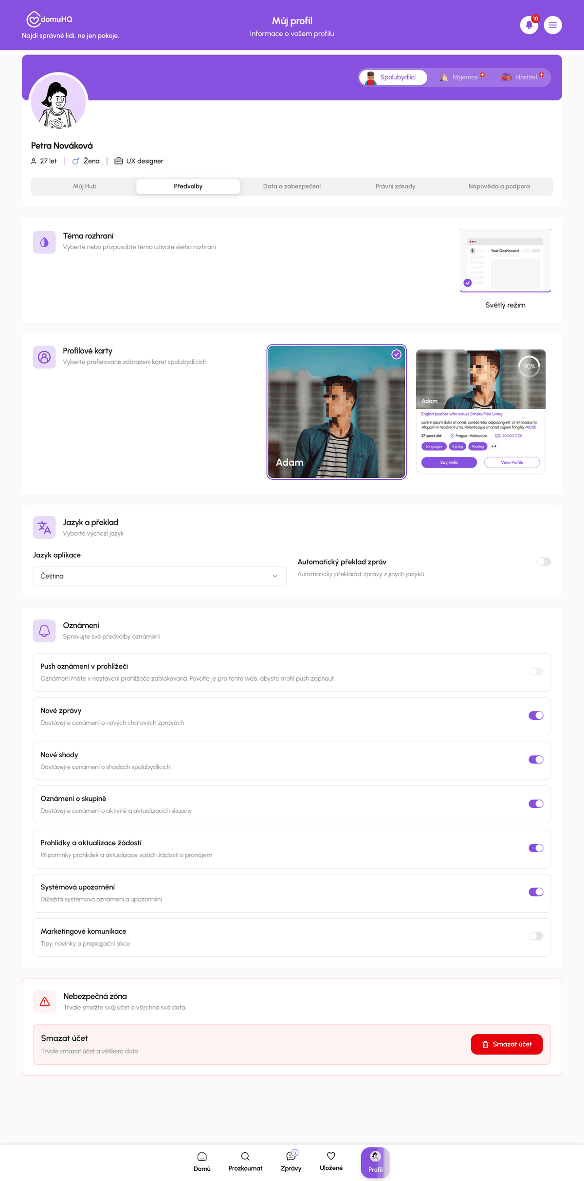 Nastavení Jazyk a překlad na webu s přepínačem automatického překladu