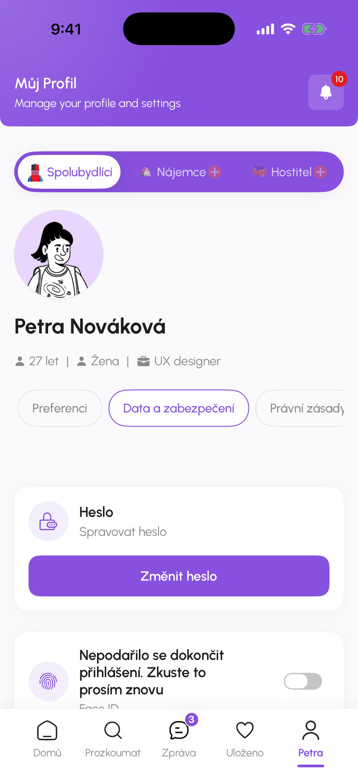 Obrazovka Data a zabezpečení s přepínačem biometrického přihlášení
