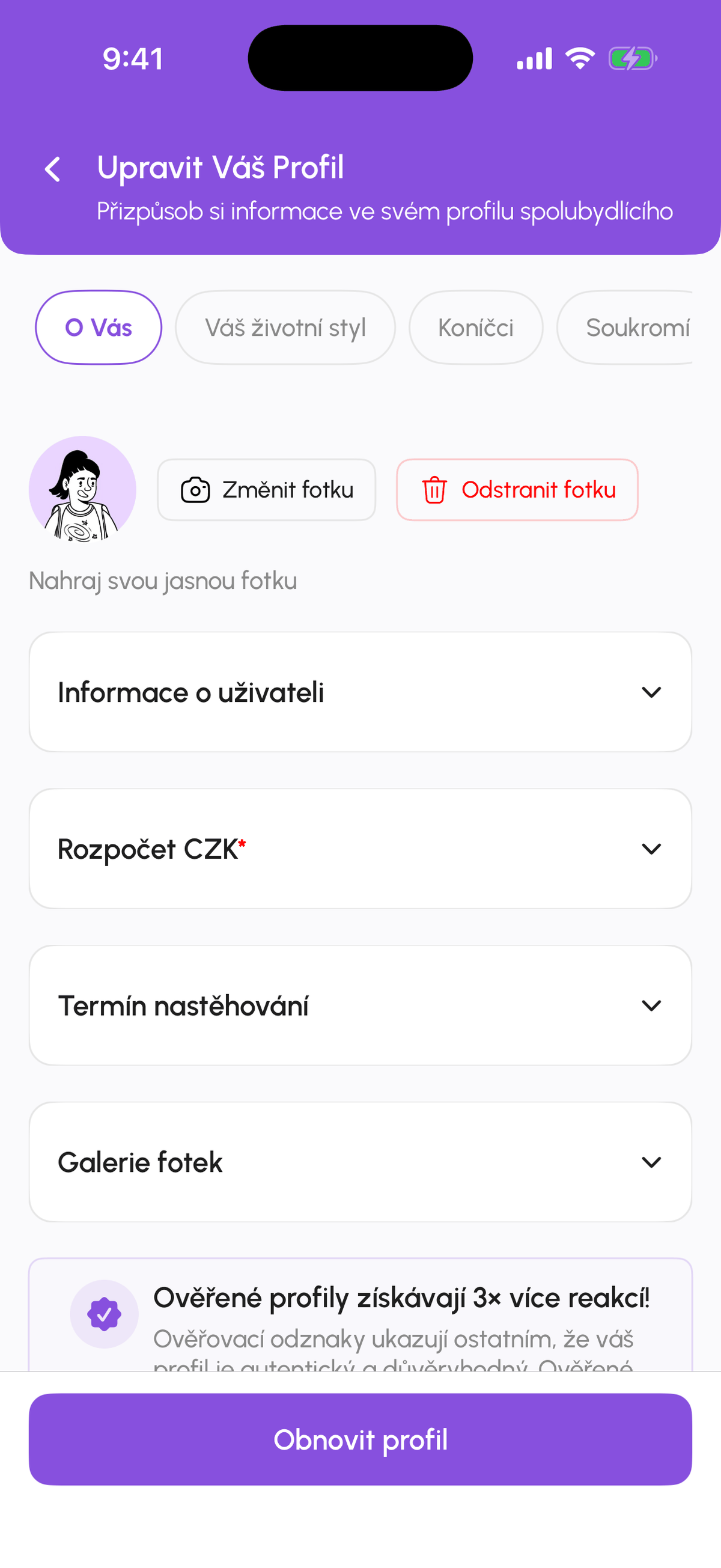 Editor profilu s otevřenou záložkou O Vás