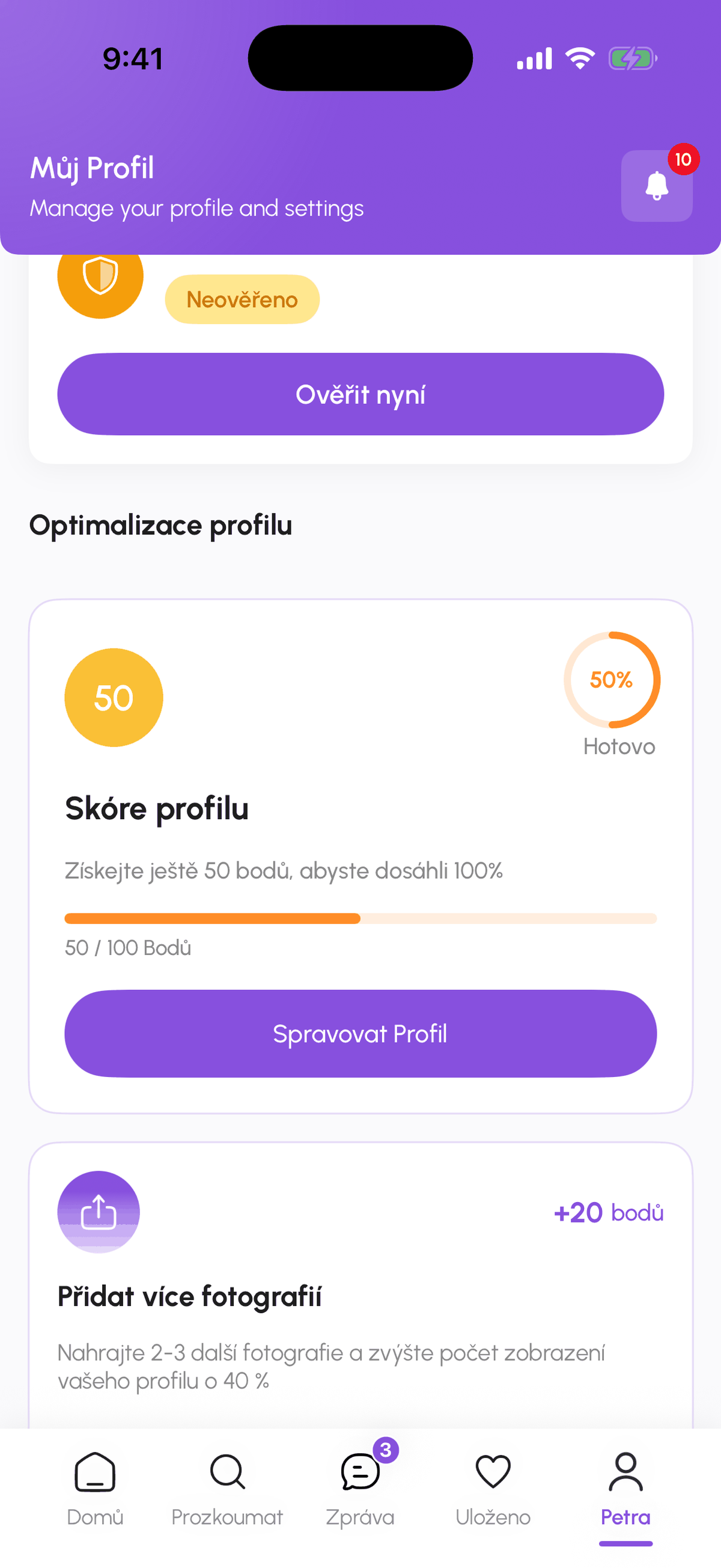 Můj Hub se Stavem ověření, tlačítkem Ověřit nyní a skóre profilu
