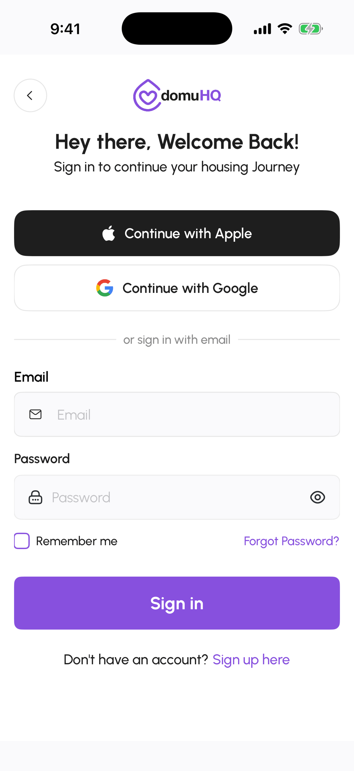 DomuHQ sign-in screen on iPhone