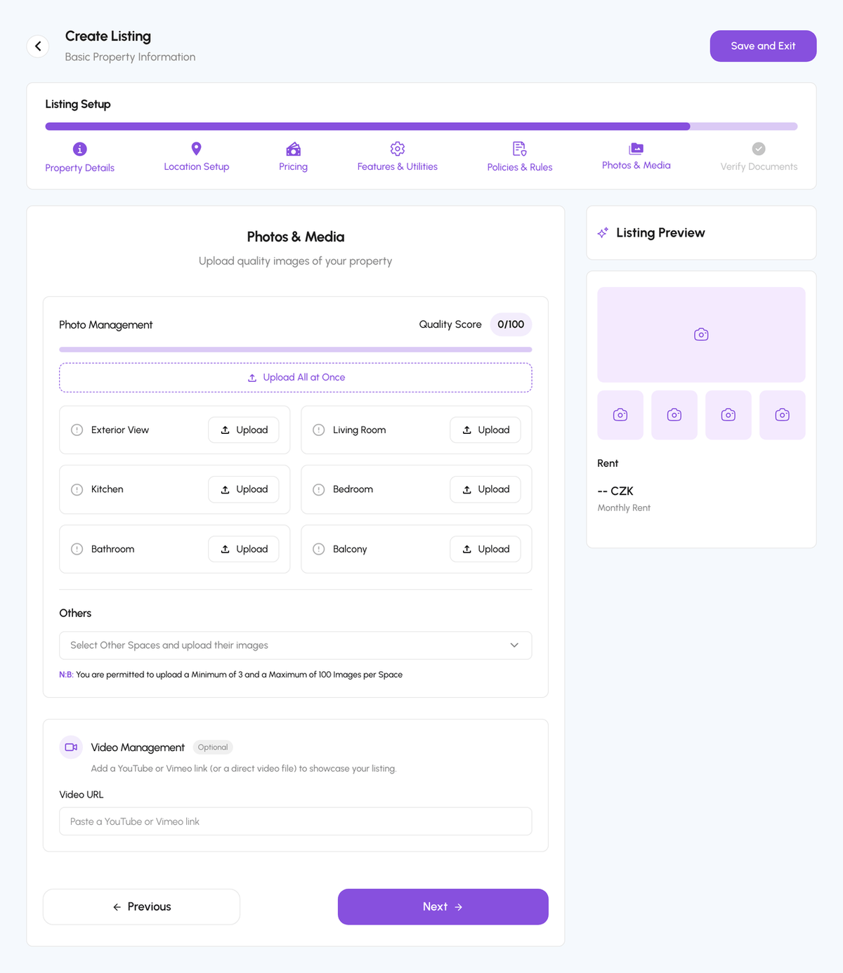 Create Listing, Photos & Media step