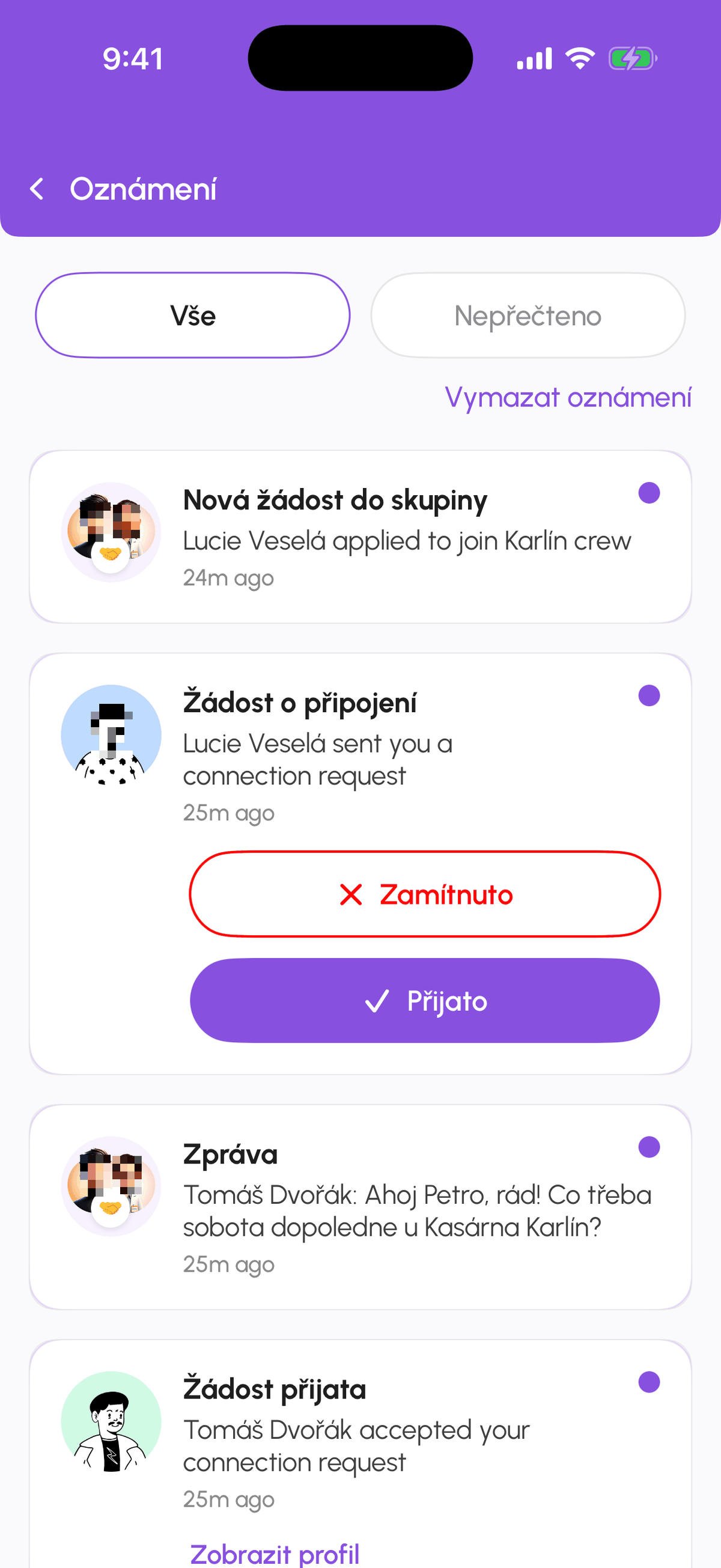 Seznam oznámení s Vše a Nepřečtené