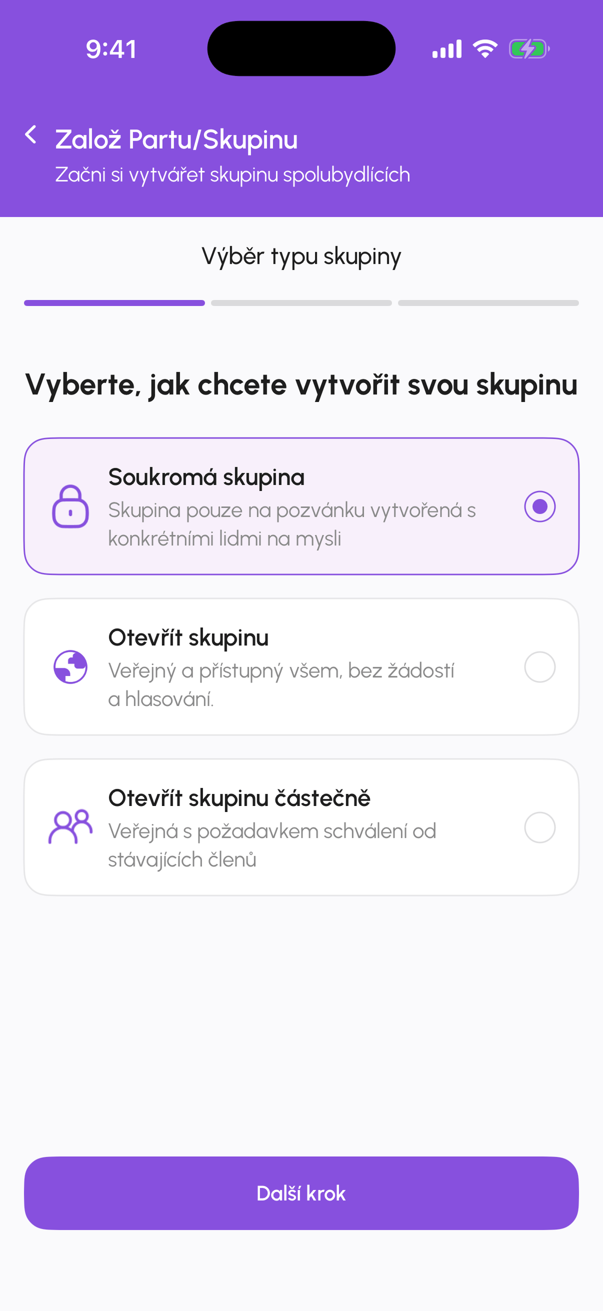 Výběr typu skupiny s možnostmi soukromá, otevřená a částečně otevřená