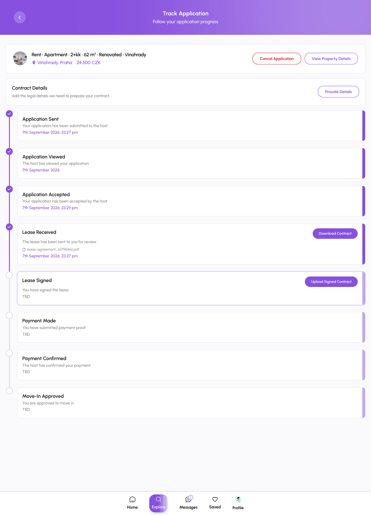 Renter view of Track Application on the web with the lease steps