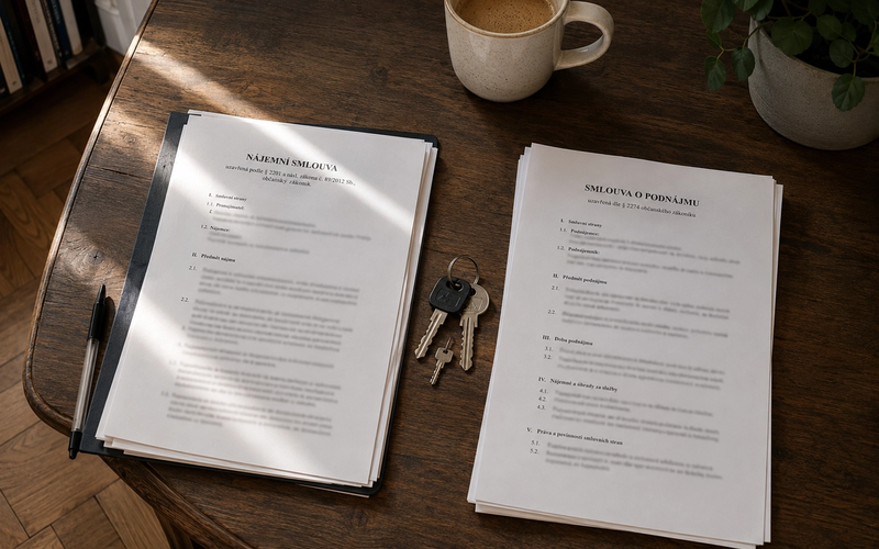 A Czech lease agreement and a sublease agreement lying side by side on a wooden table, with a set of keys and a coffee cup beside them
