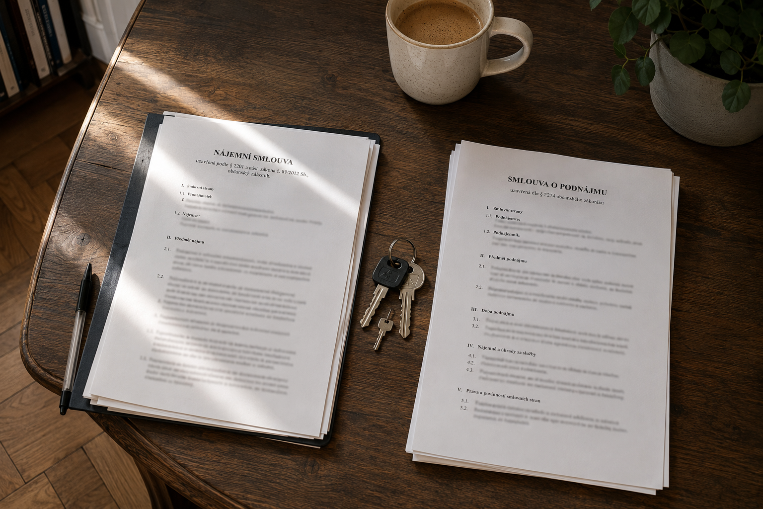 A Czech lease agreement and a sublease agreement lying side by side on a wooden table, with a set of keys and a coffee cup beside them