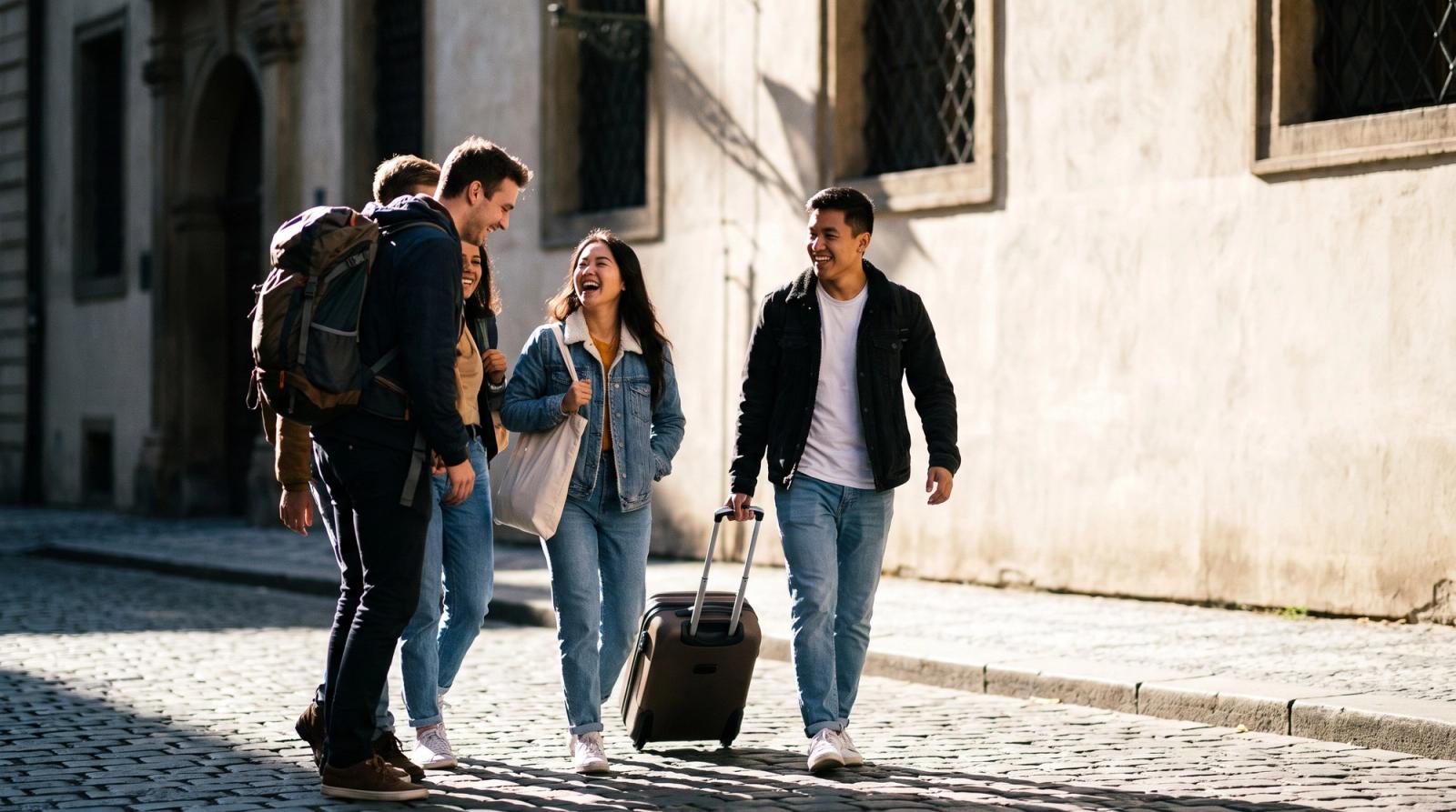 International exchange students arriving with luggage in Prague