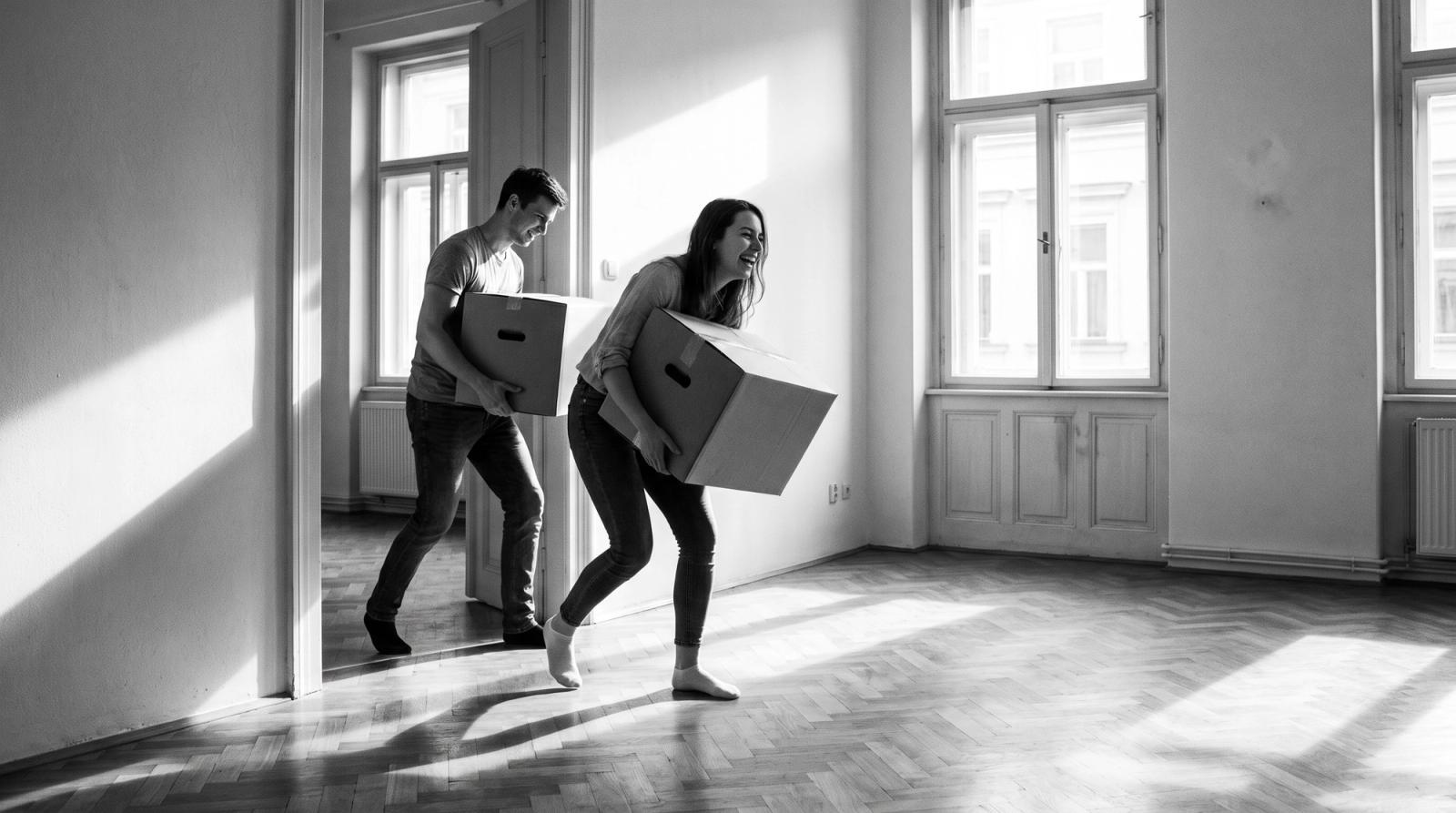 Students unpacking boxes in a shared flat in Prague