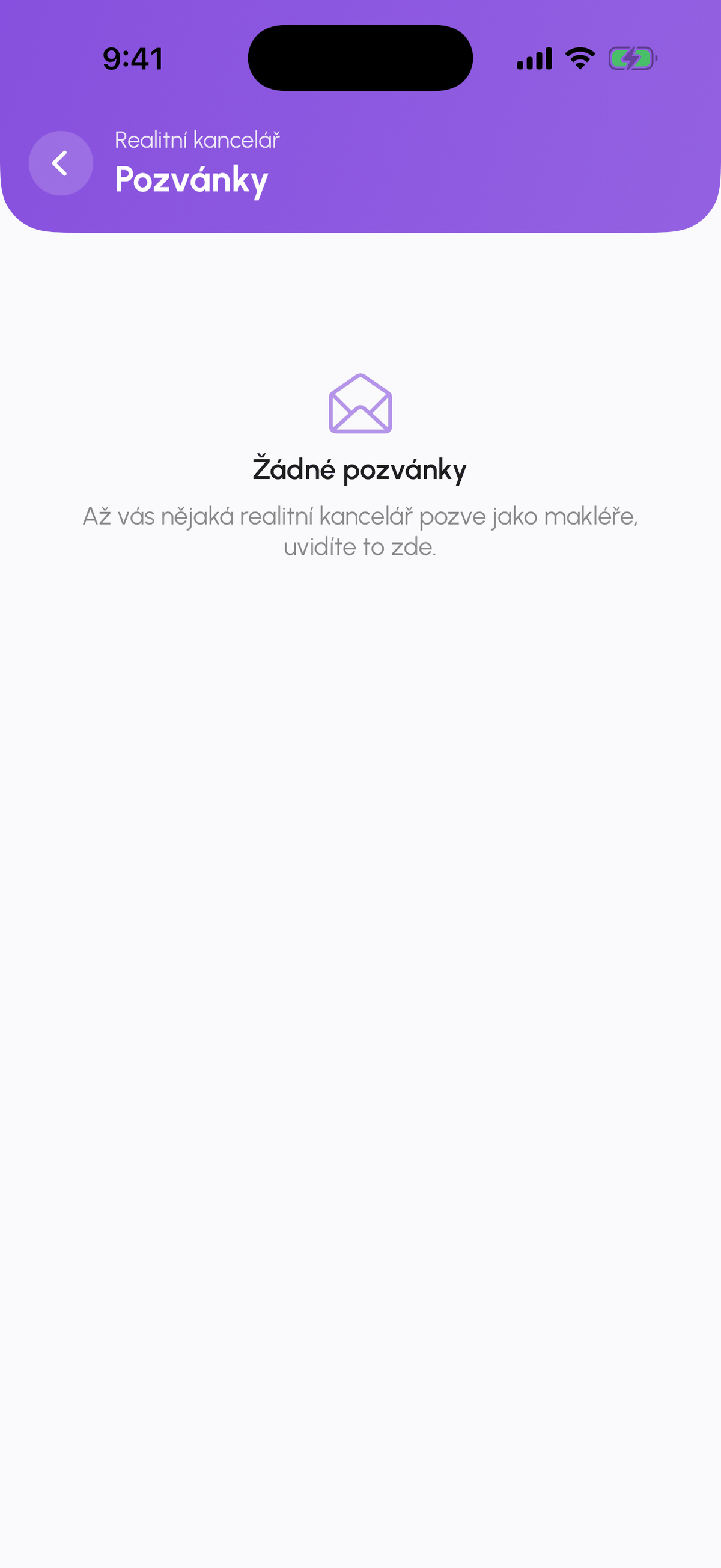 Obrazovka Pozvánky do realitní kanceláře na iPhonu