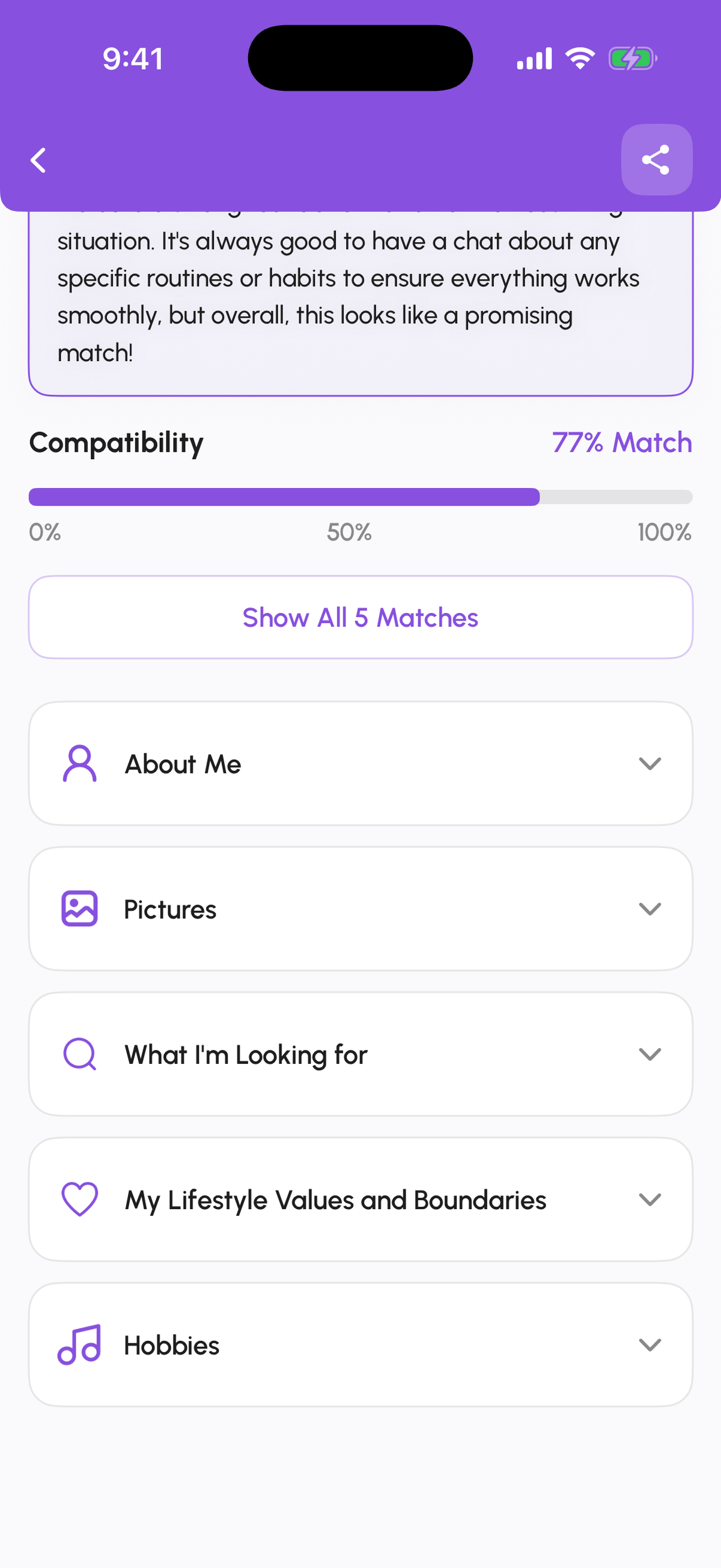 Roommate profile with compatibility percentage and summary