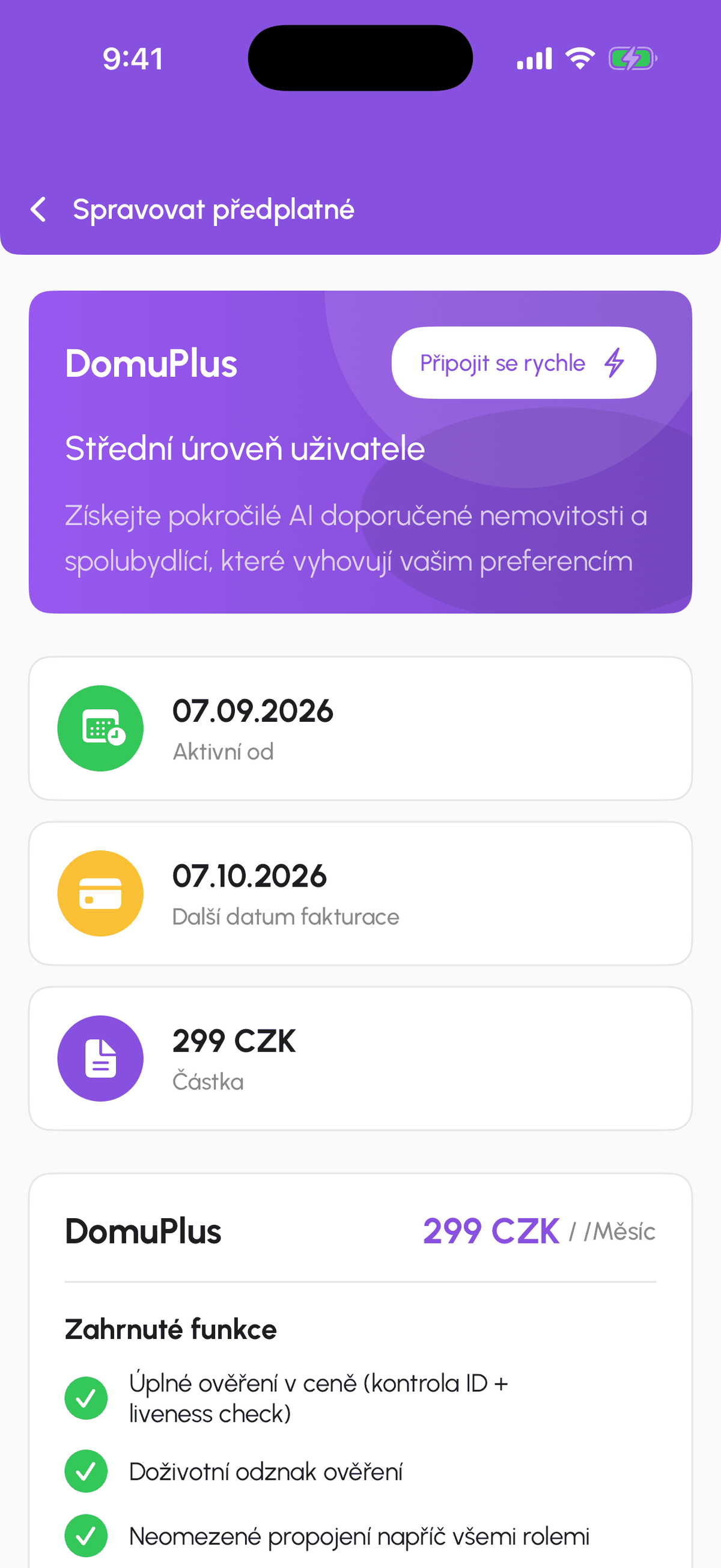 Obrazovka Spravovat předplatné s aktuálním tarifem
