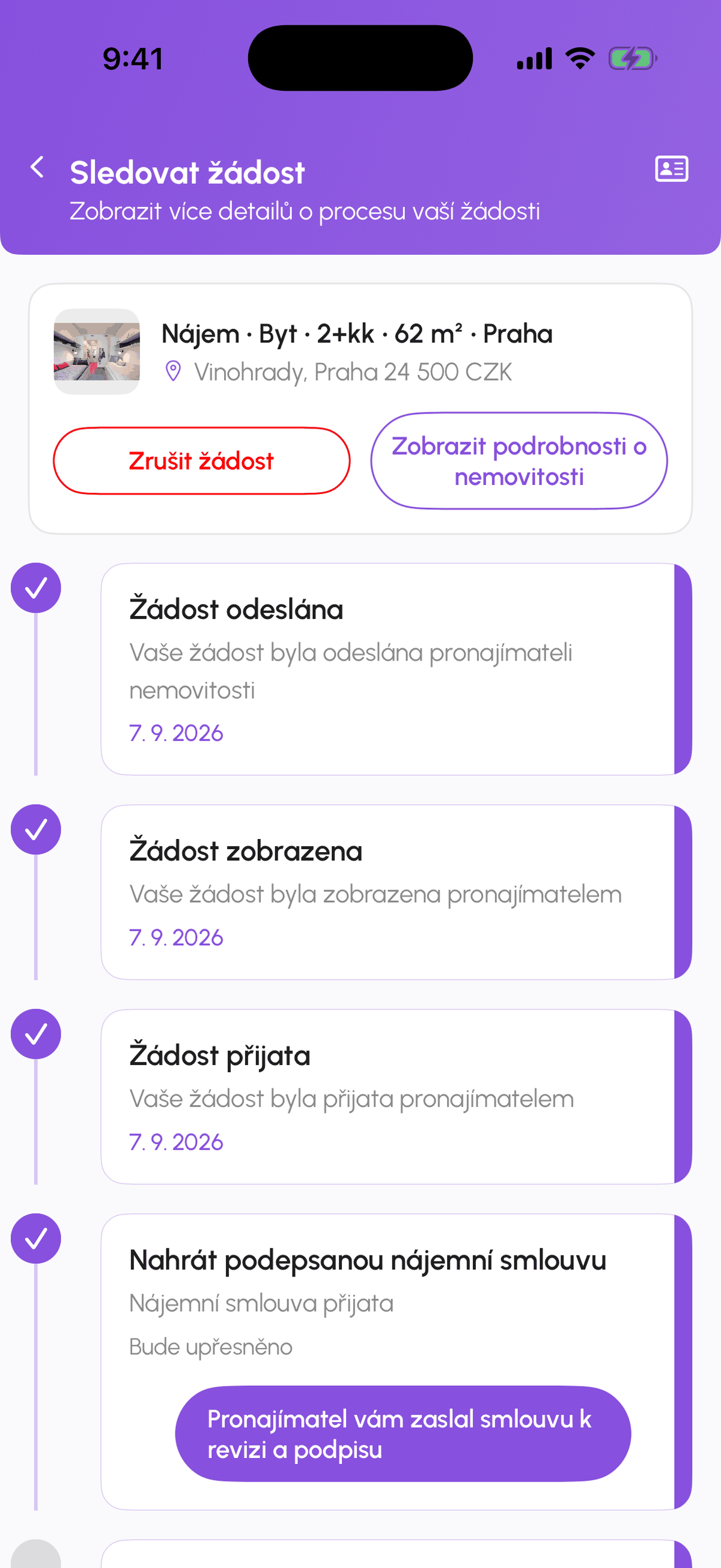 Časová osa procesu na stránce Sledovat žádost