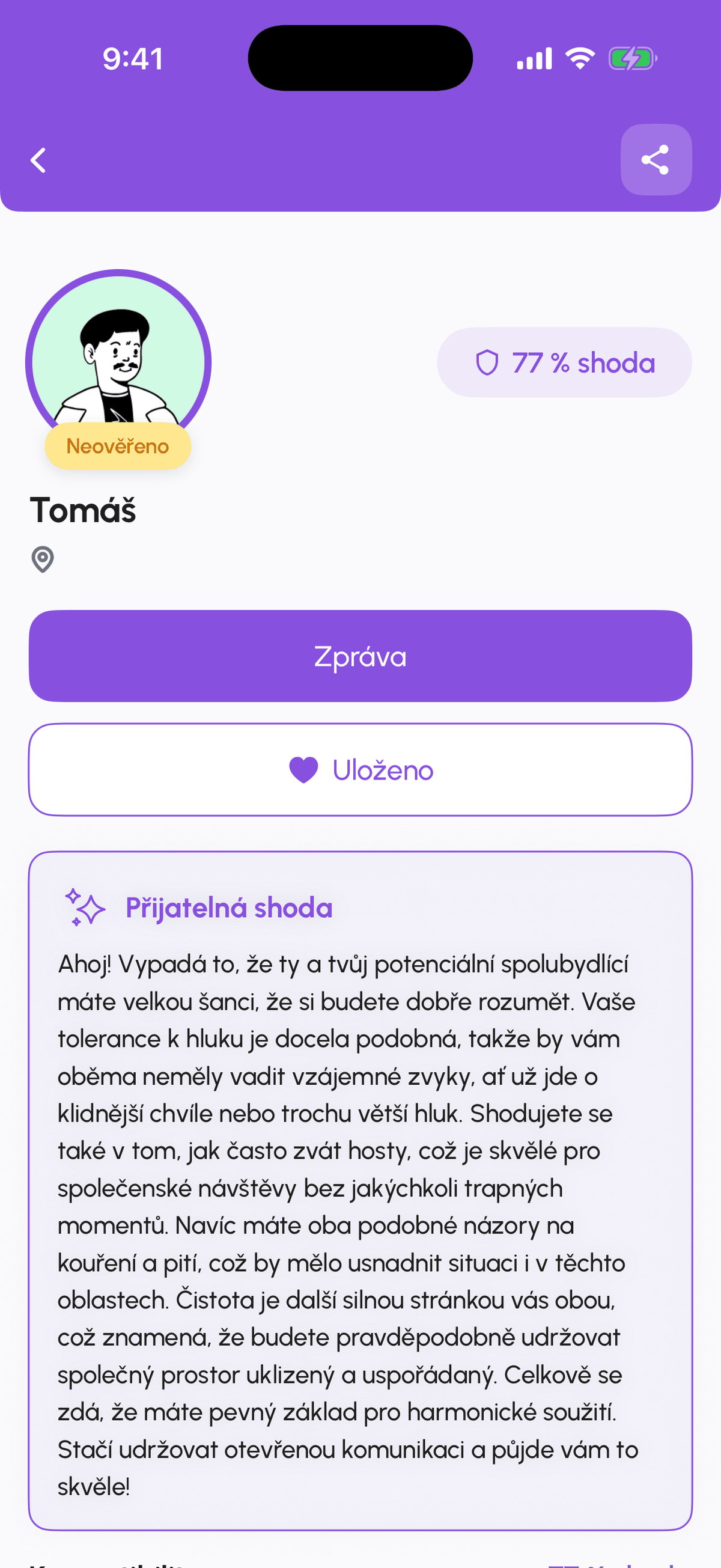 Profil spolubydlícího s tlačítky Pozdravit a Uložit na později