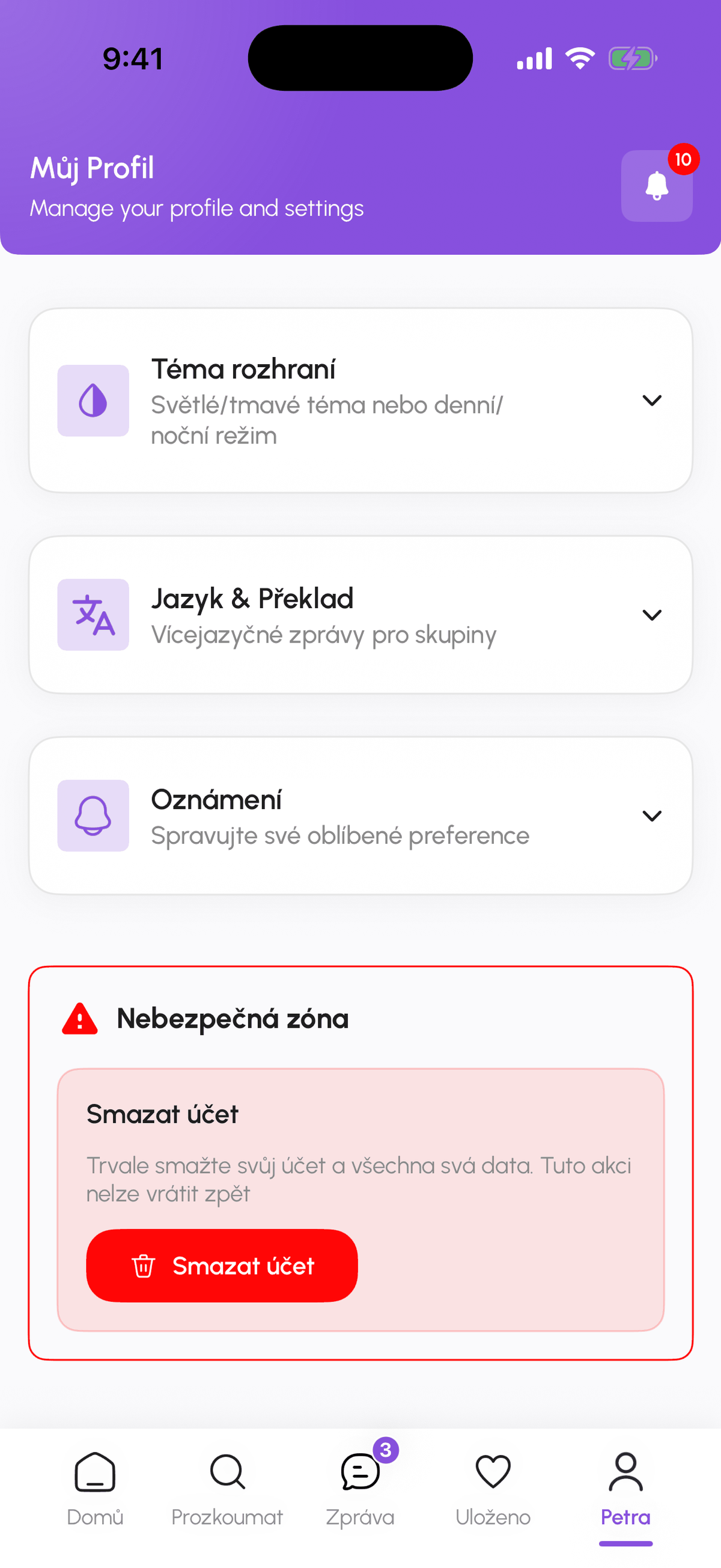 Záložka Předvolby s tématem, jazykem, oznámeními a Nebezpečnou zónou