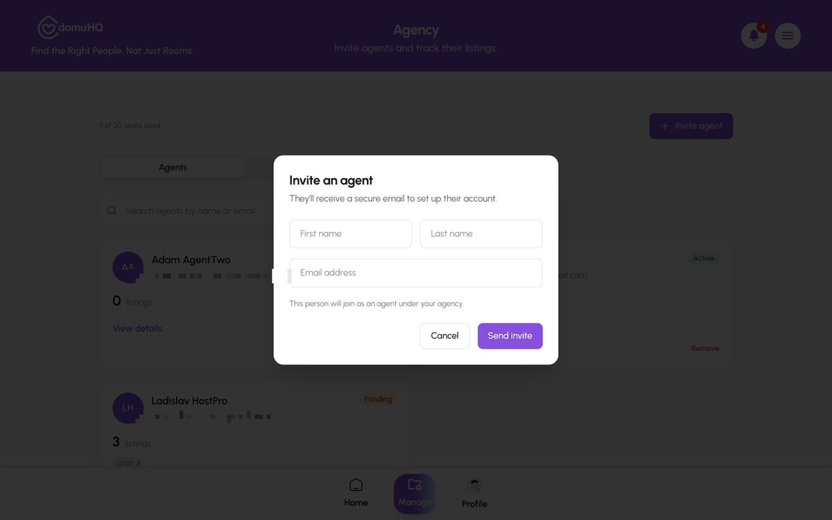 Invite an agent dialog