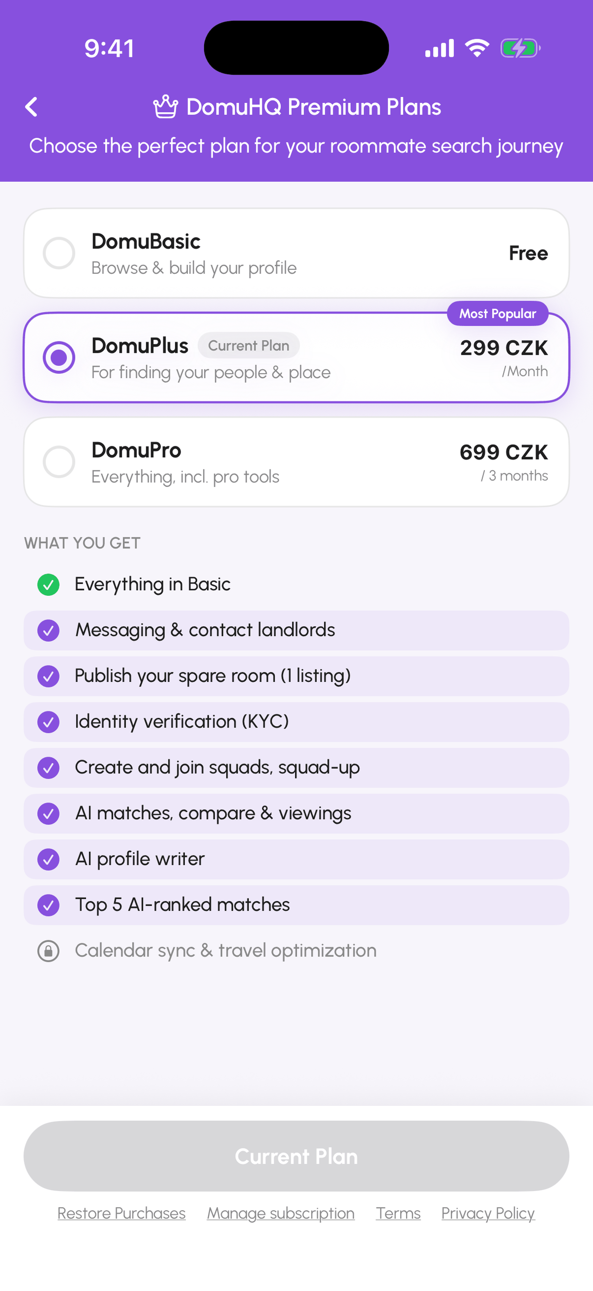 DomuHQ Premium Plans screen with DomuBasic, DomuPlus, and DomuPro