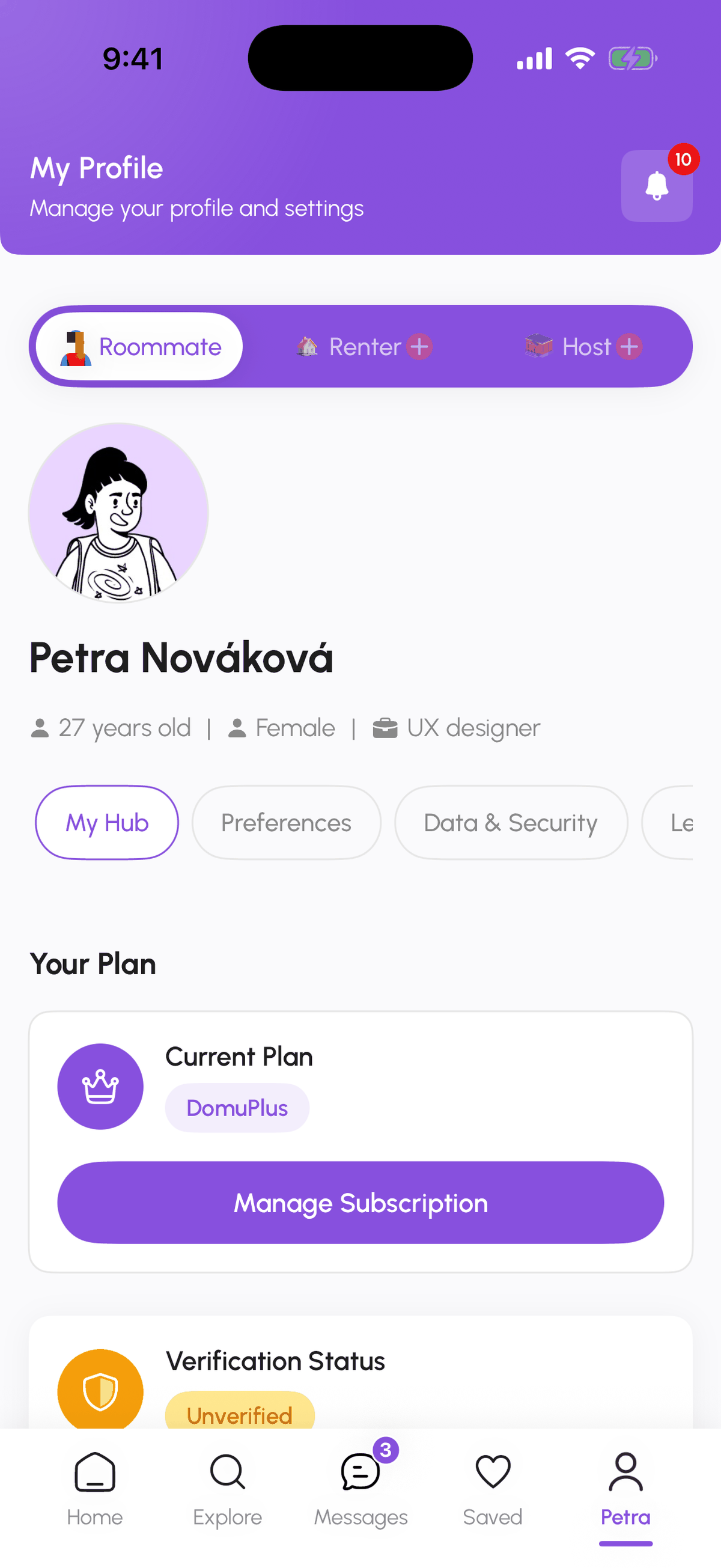 My Profile with the My Hub tab