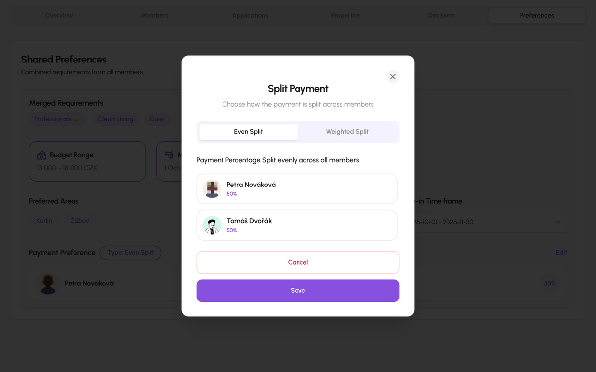 Split Payment dialog with Even Split and Weighted Split