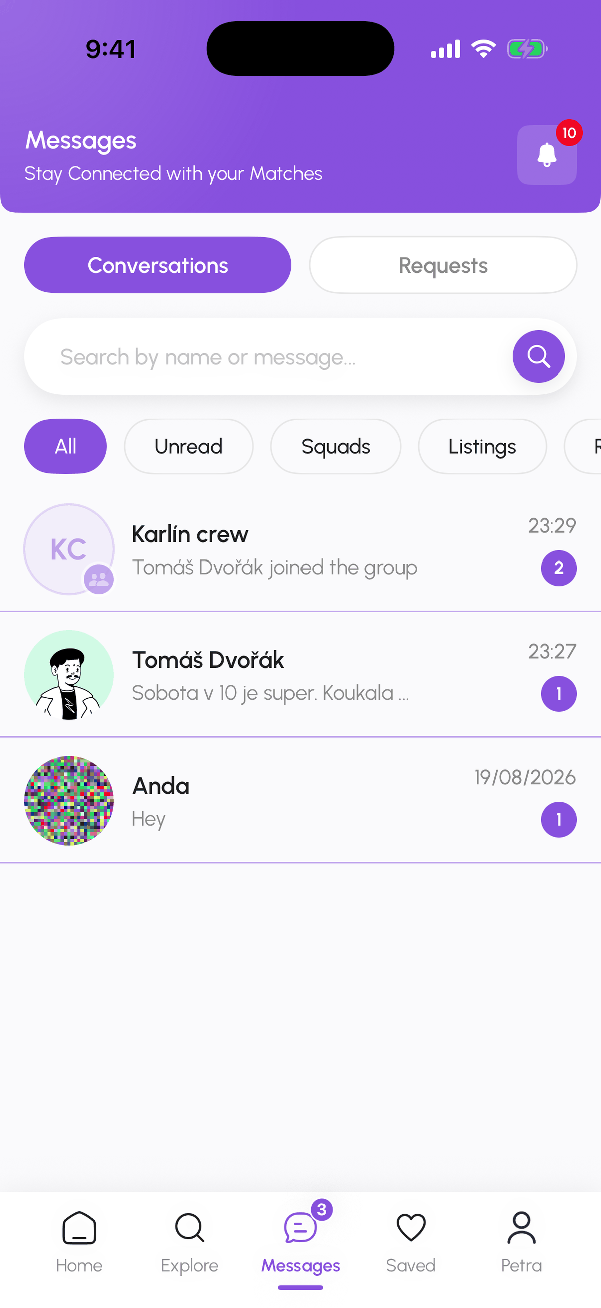 Messages tab with Conversations and Requests and the filter chips