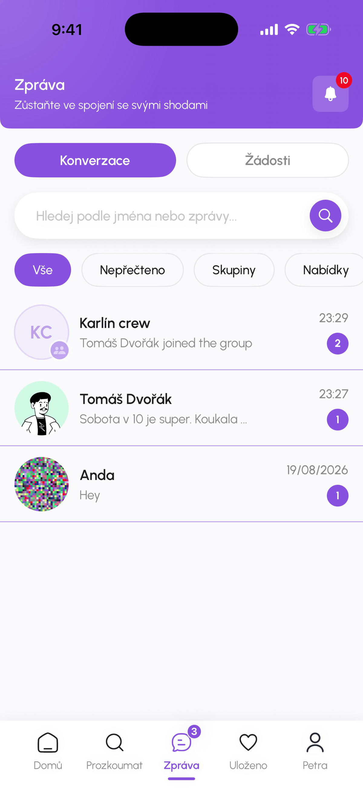 Záložka Zprávy s Konverzace a Žádosti a filtry