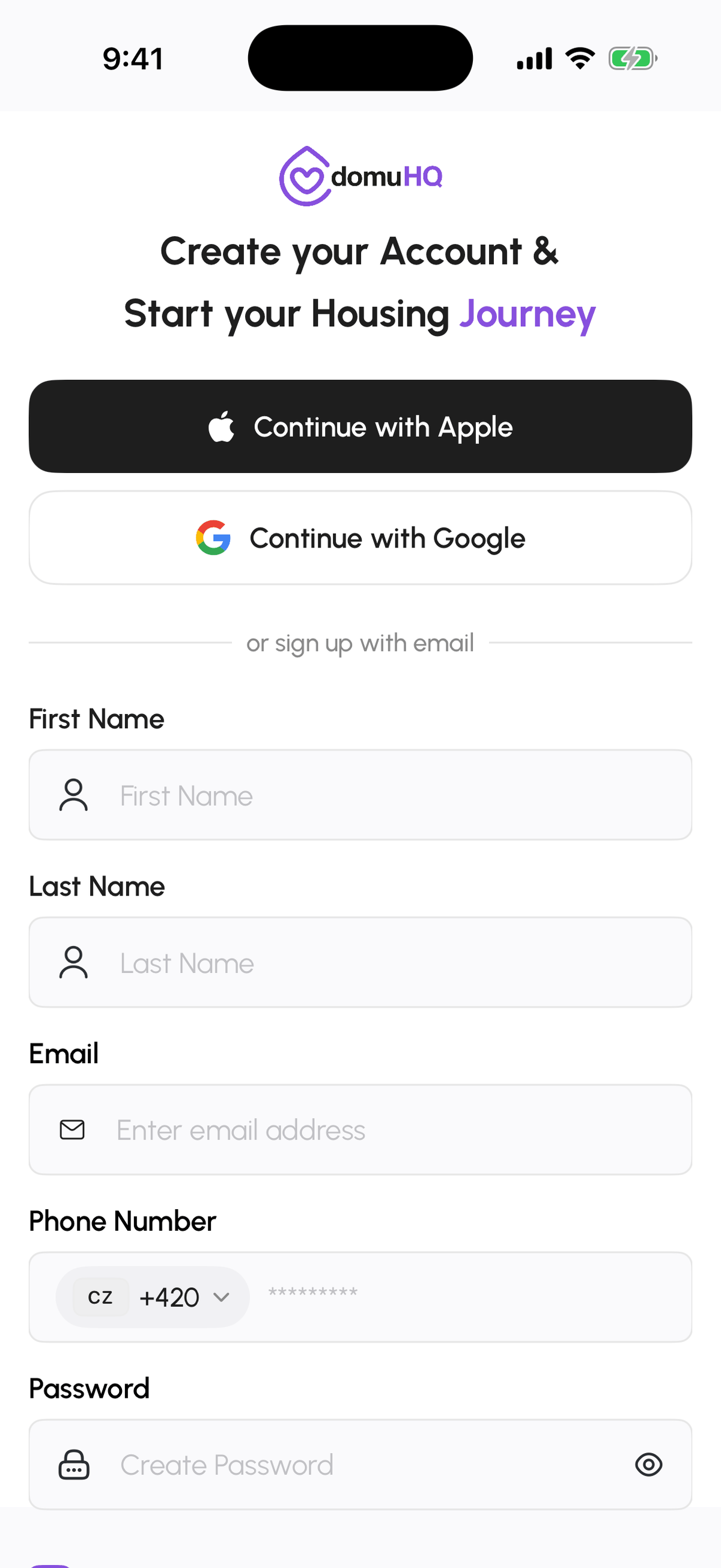 DomuHQ sign-up form on iPhone with name, email, phone, and password fields