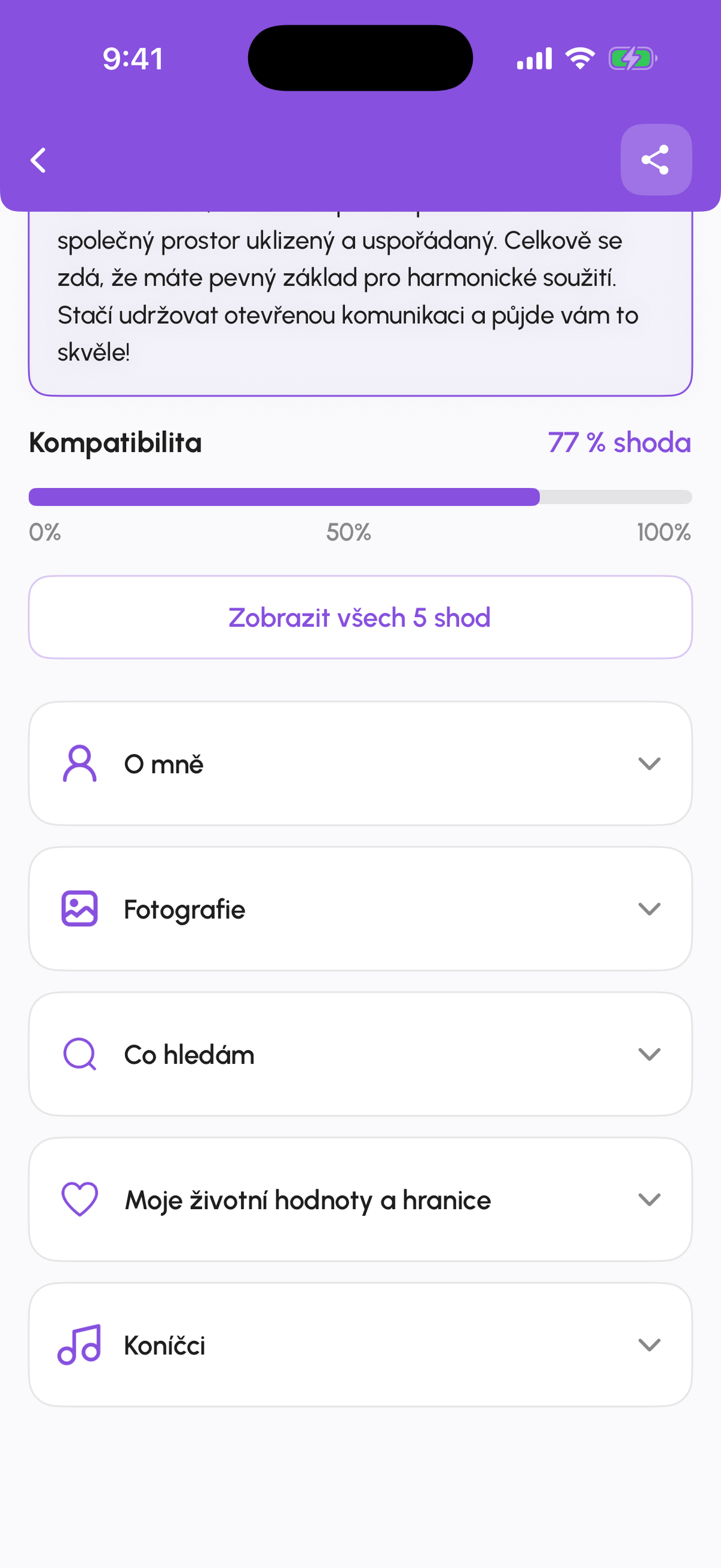 Profil spolubydlícího s procentem kompatibility a shrnutím