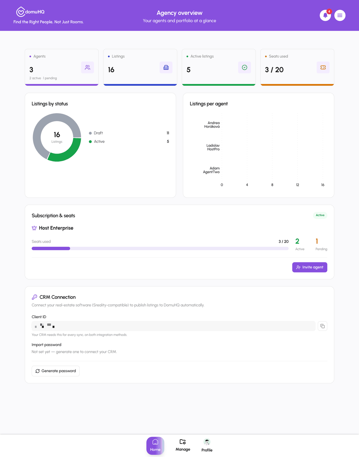 Agency overview with the CRM Connection card
