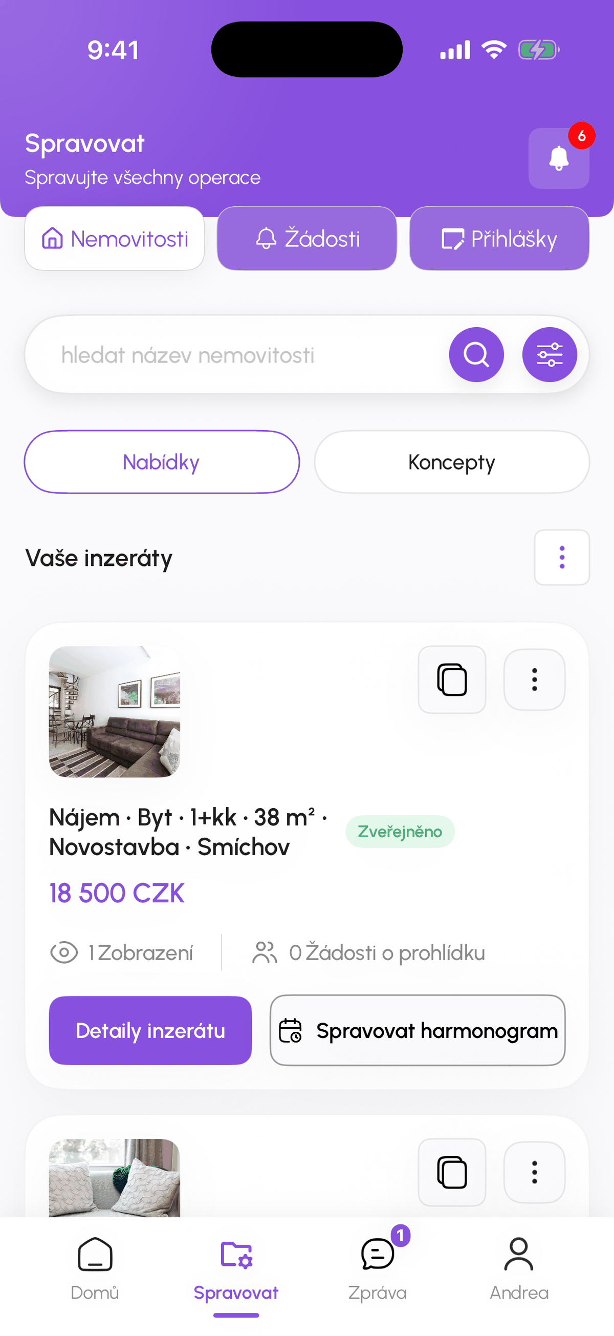Záložka Správa se seznamem Nemovitosti na iPhonu
