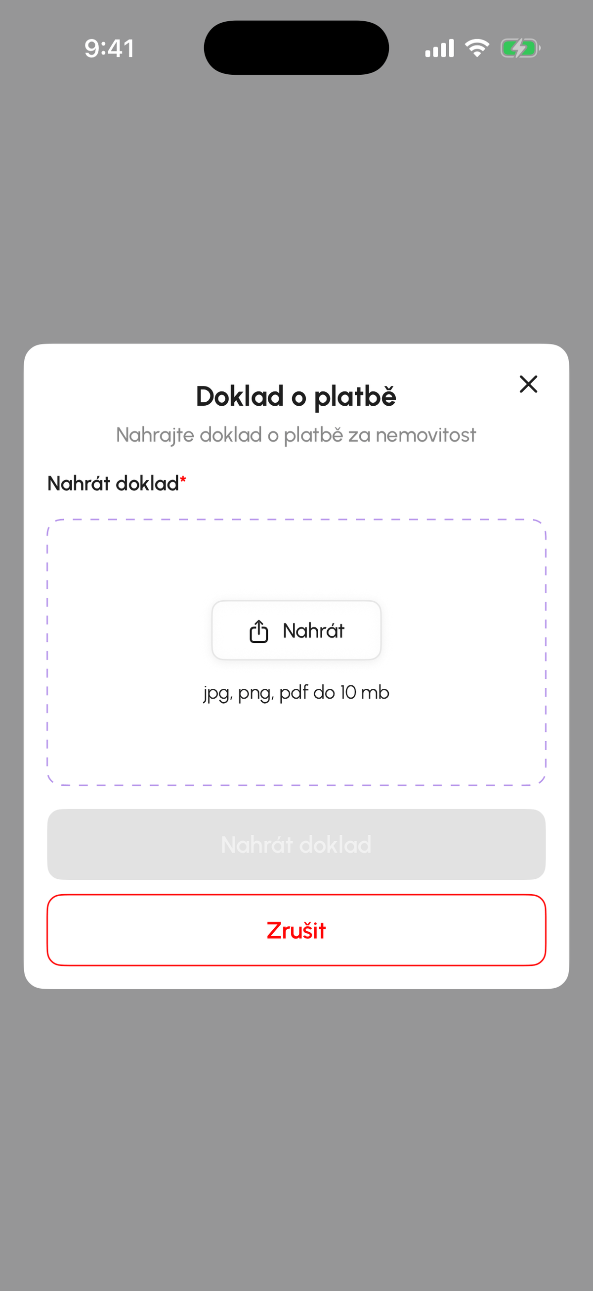 Dialog pro nahrání dokladu o platbě