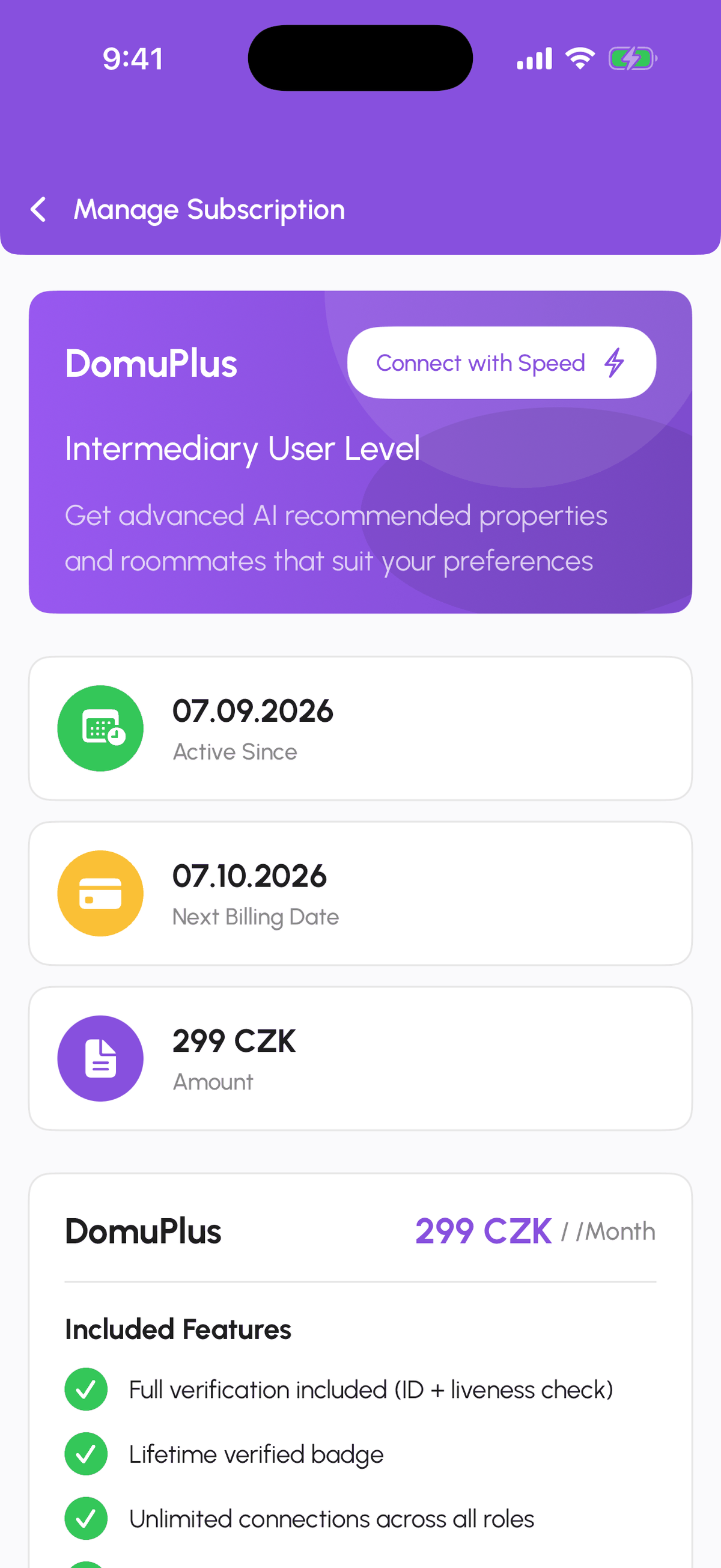 Manage Subscription screen with the current plan