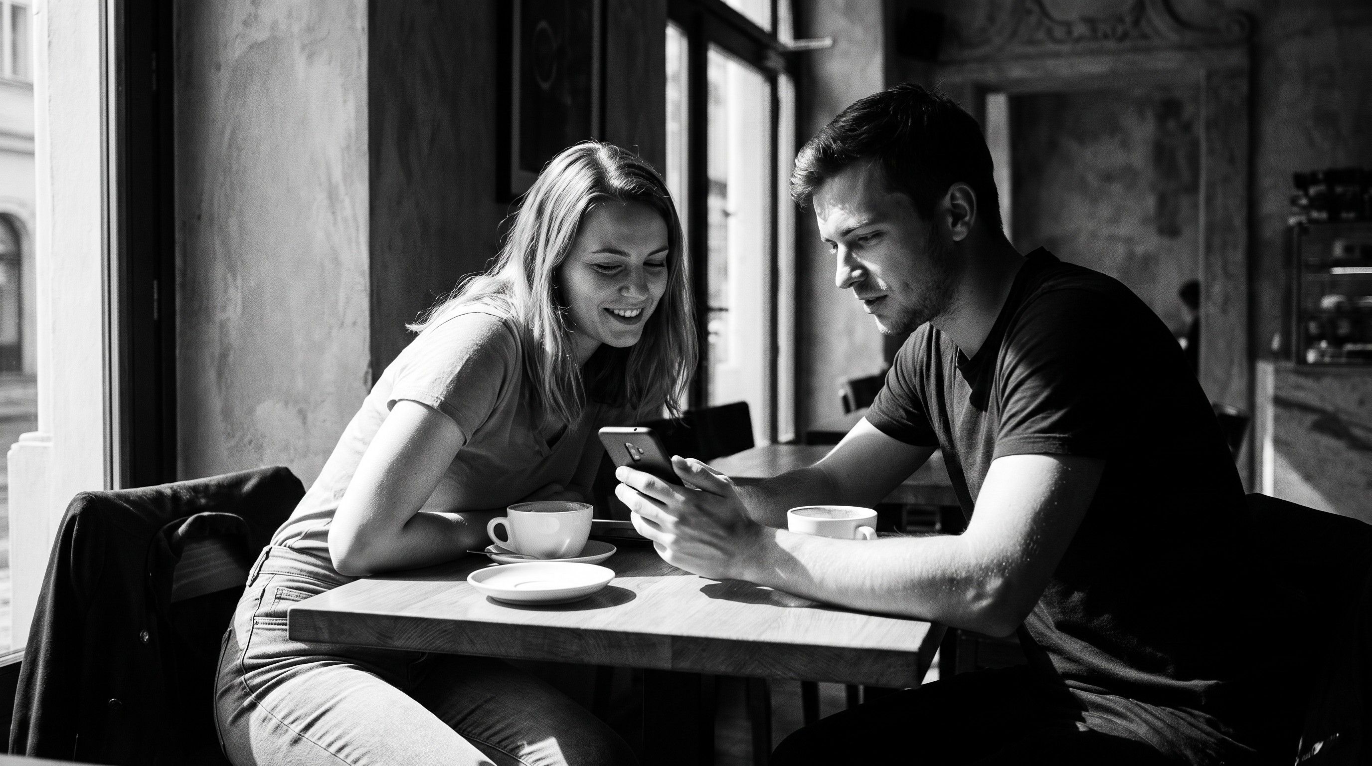 Two young people meeting for the first time at a Prague cafe