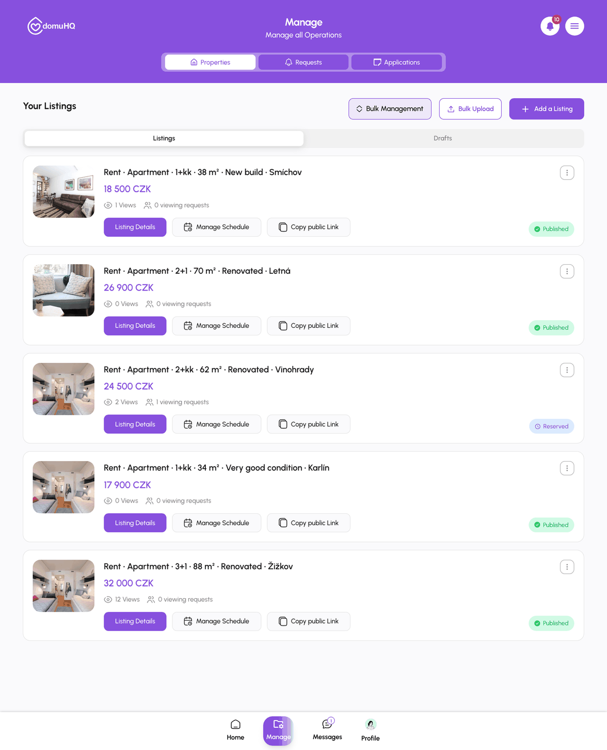 Manage page with listing cards and their actions