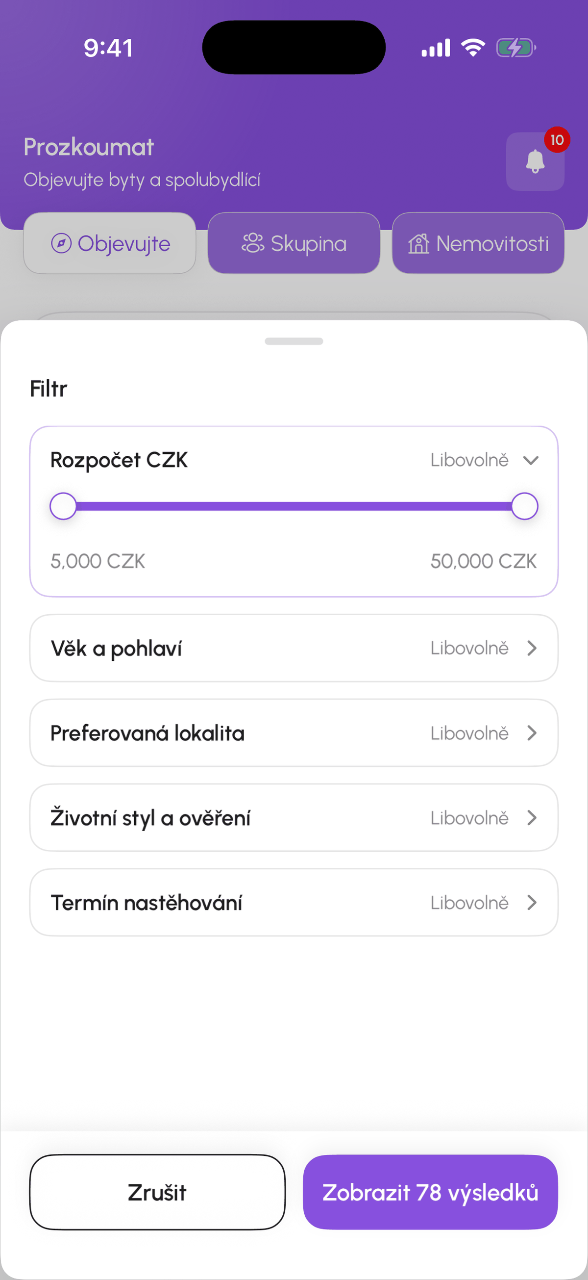 Panel filtrů s pěti skupinami filtrů