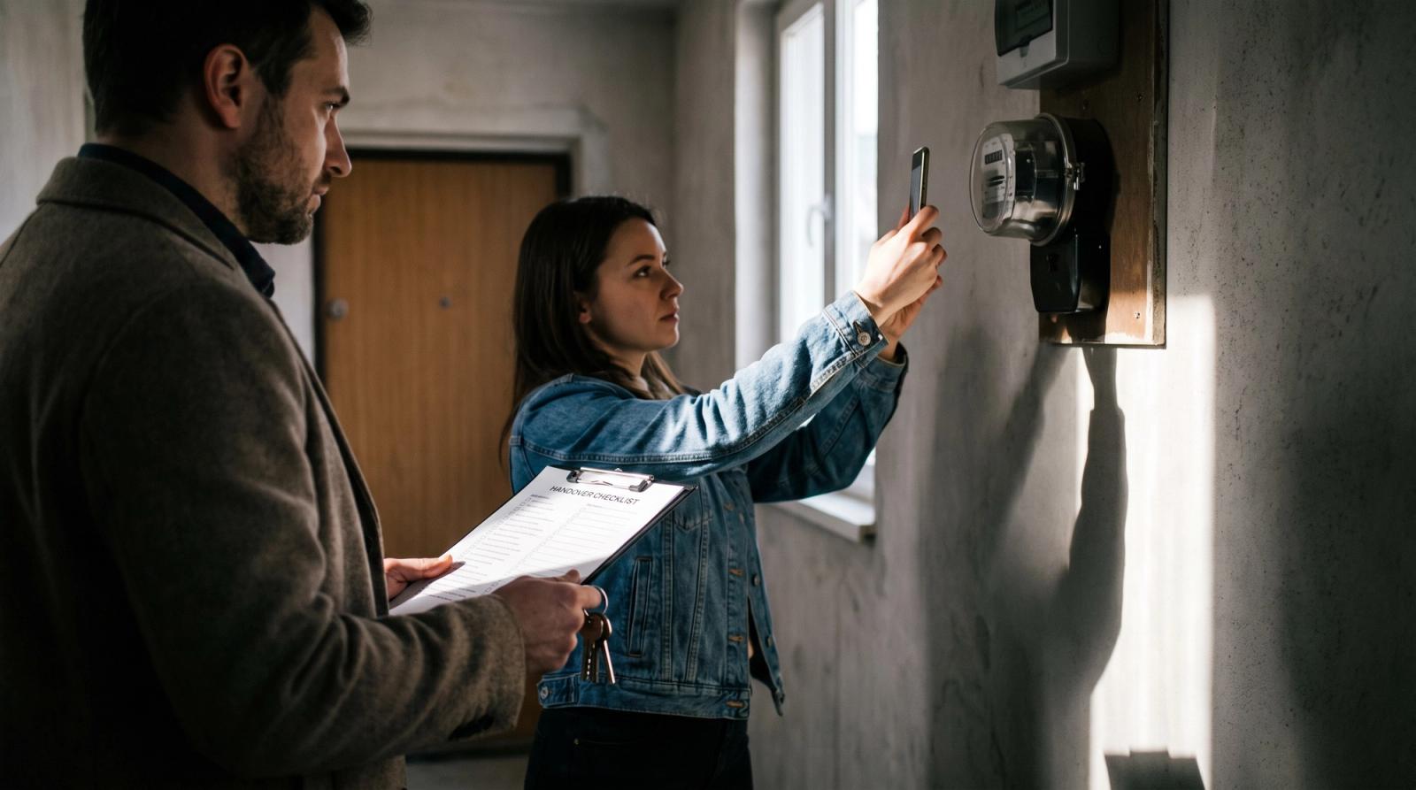 Landlord and tenant recording meter readings at an apartment handover