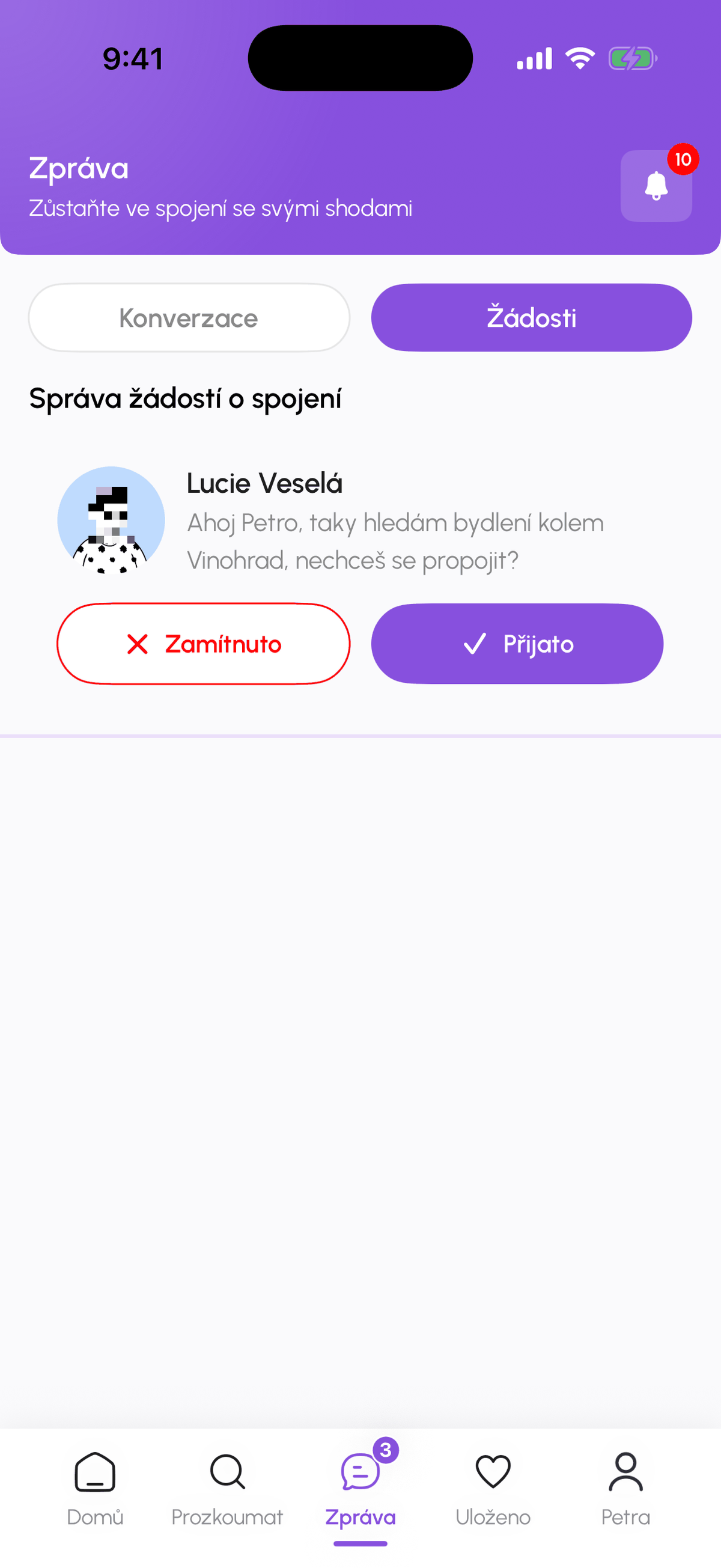 Obrazovka Zprávy s vybranou záložkou Žádosti