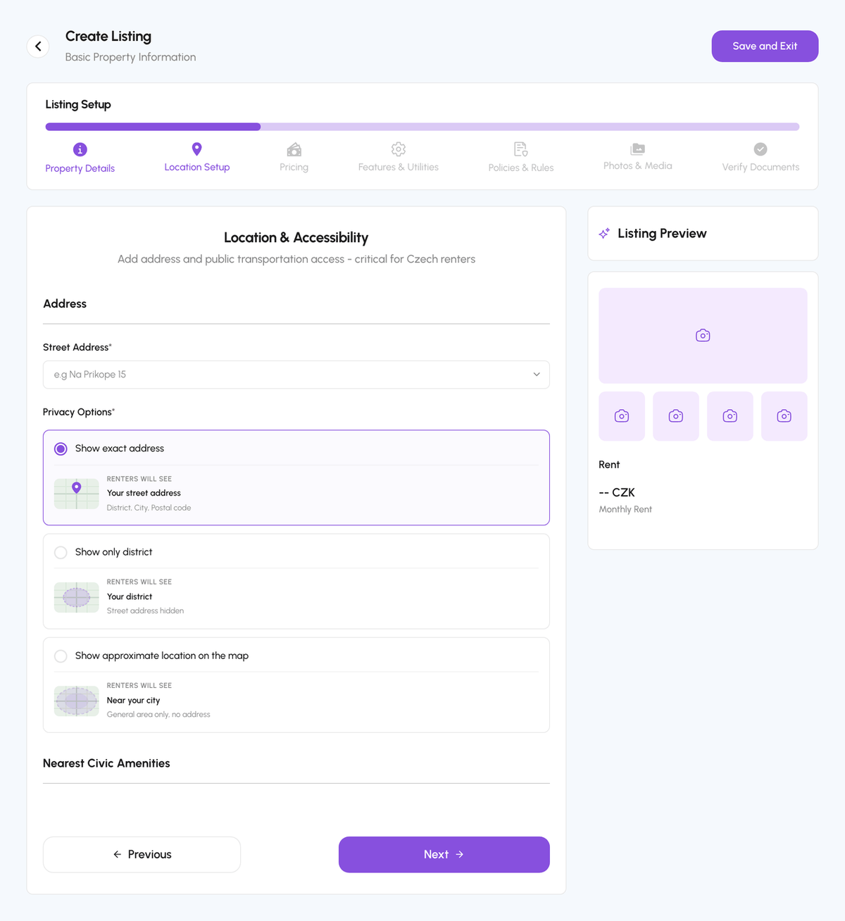 Create Listing, Location Setup step with privacy options