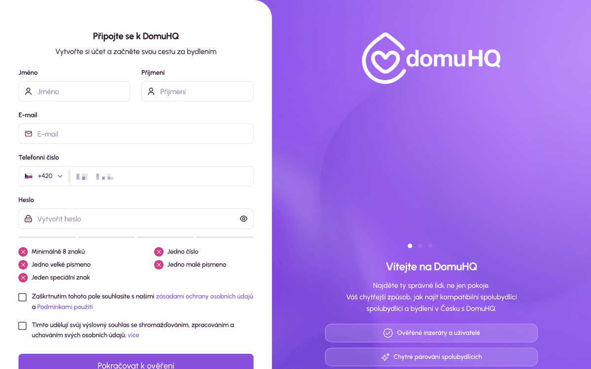 Registrační stránka Join DomuHQ na webu