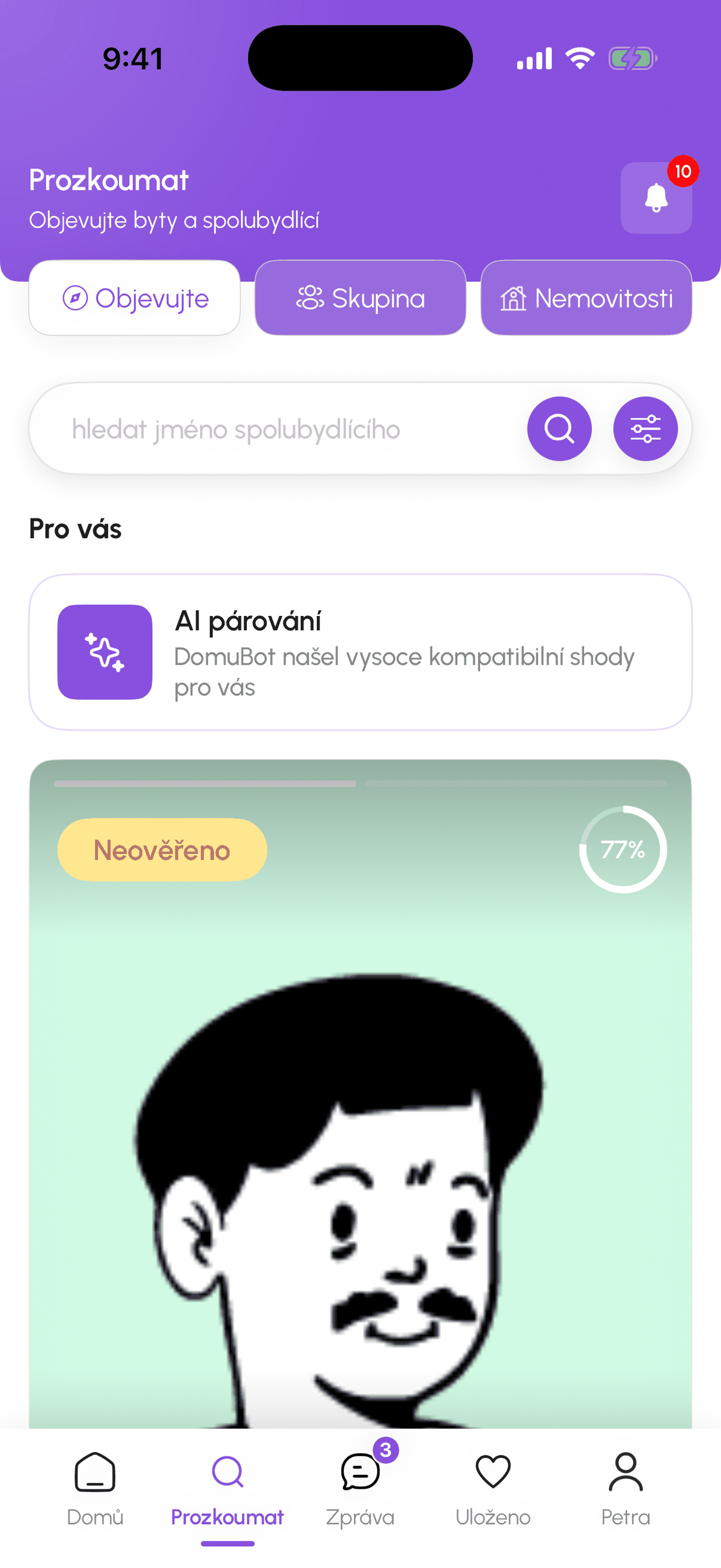 Záložka Prozkoumat, Objevovat s řádkem Pro vás a kartami spolubydlících