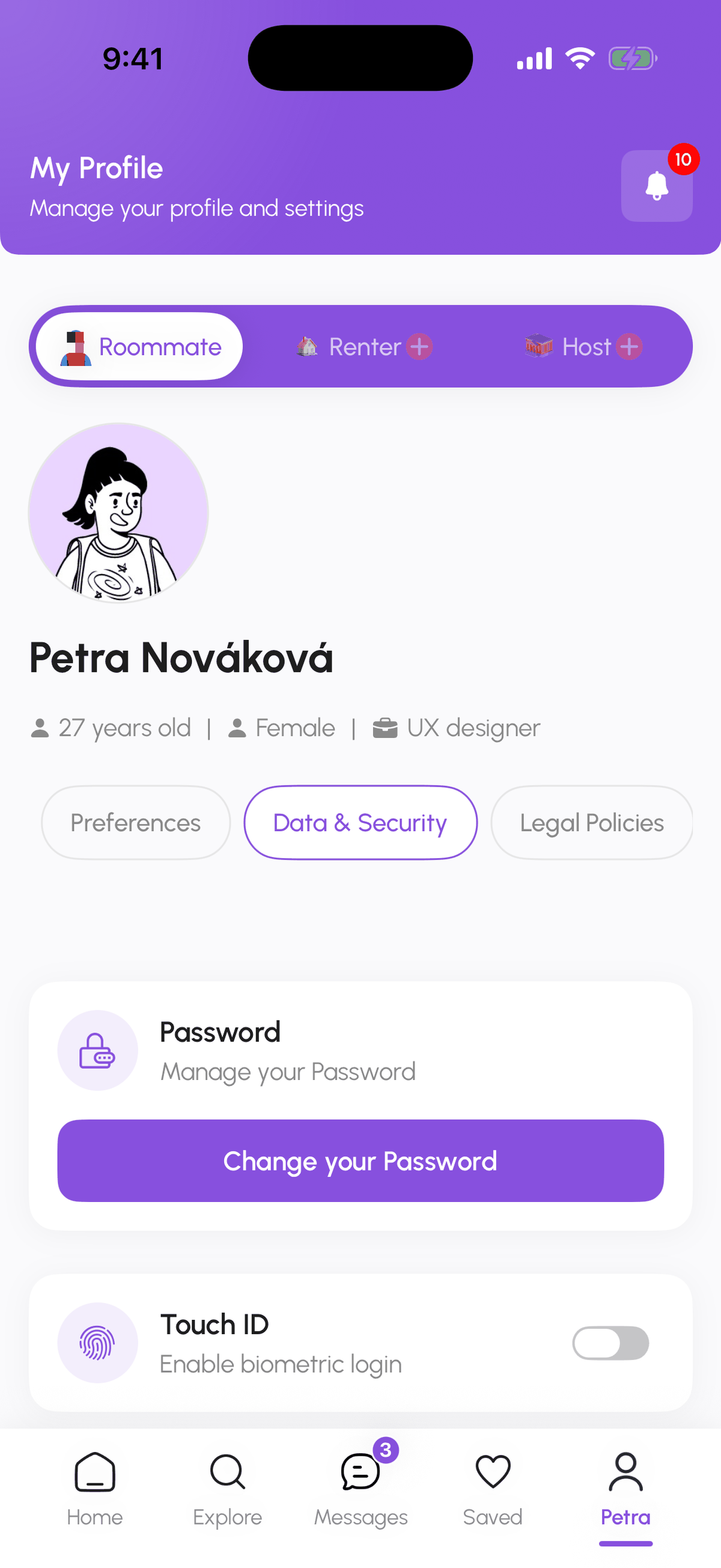 Data & Security screen with the biometric login toggle