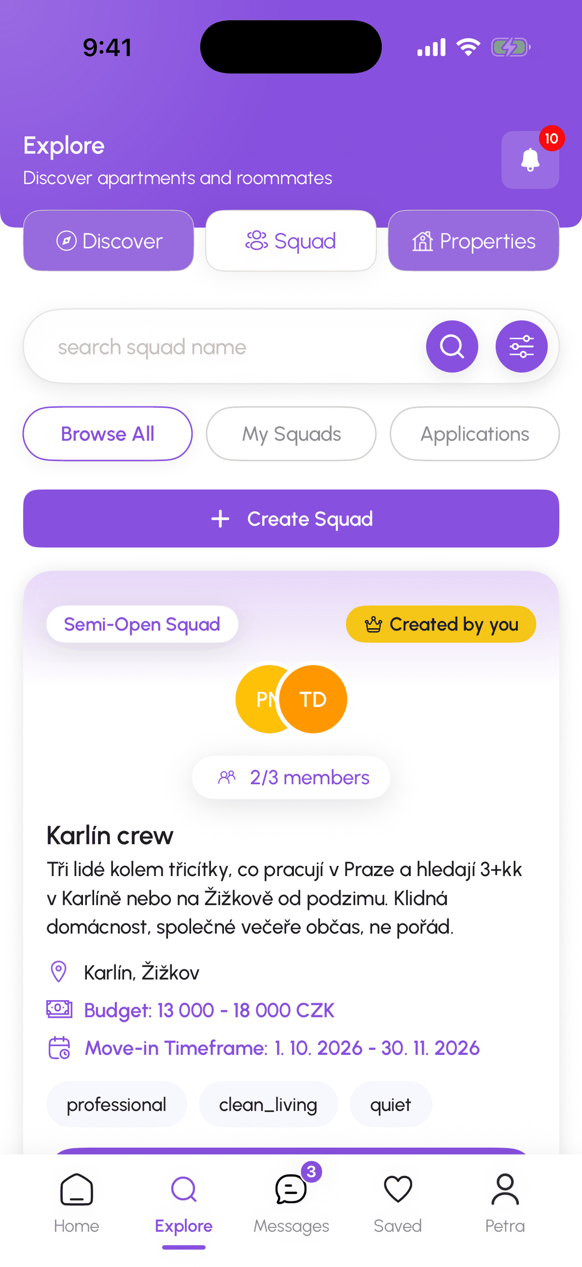 Explore, Squad tab with the Create Squad button