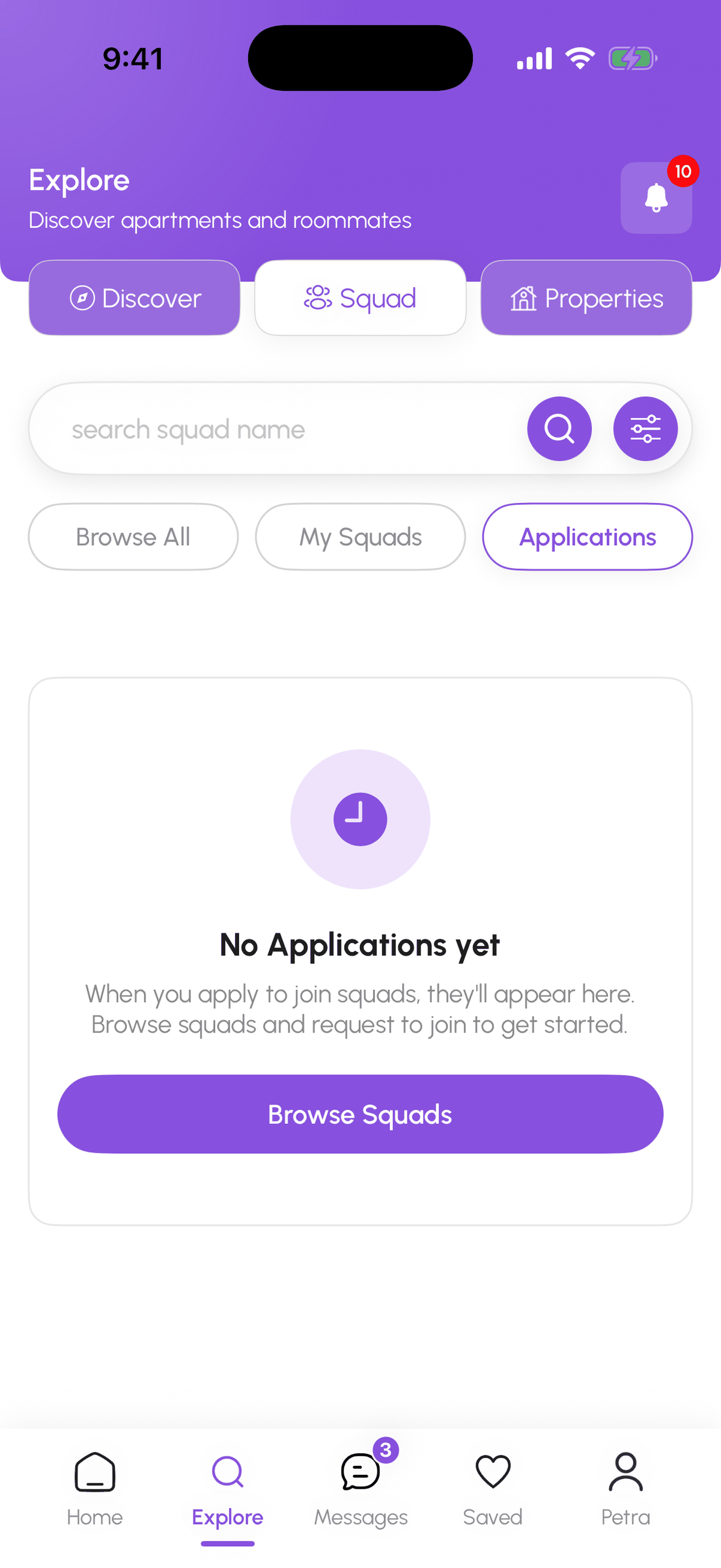 Applications tab under Explore, Squad