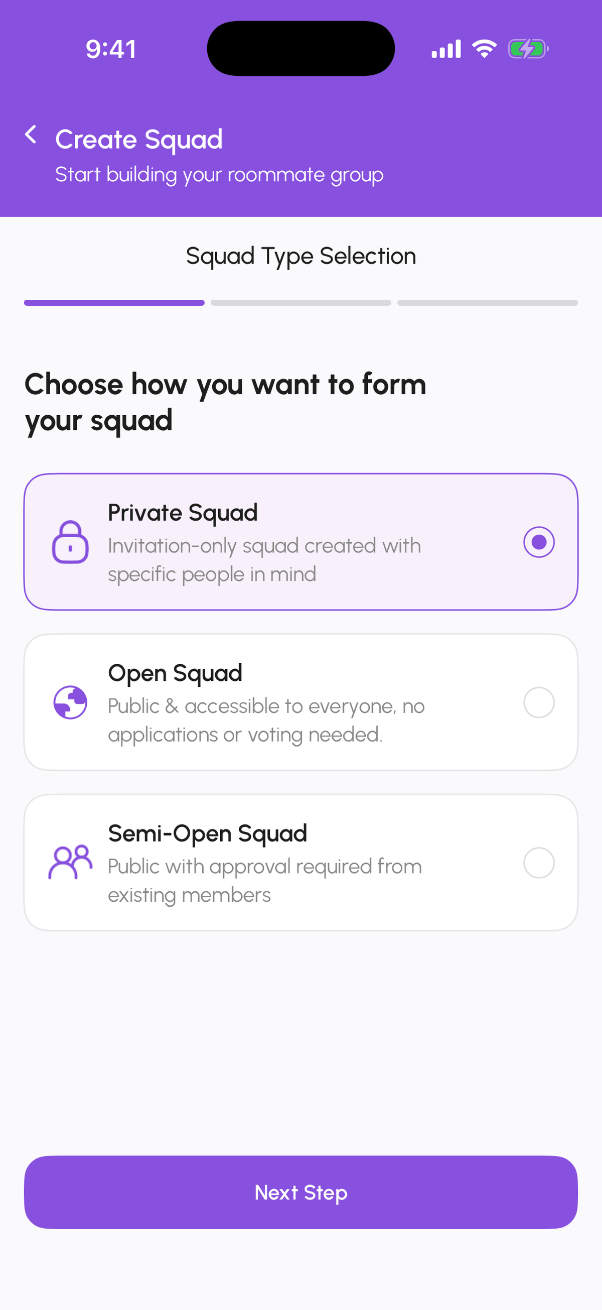 Squad Type Selection with Private, Open, and Semi-Open