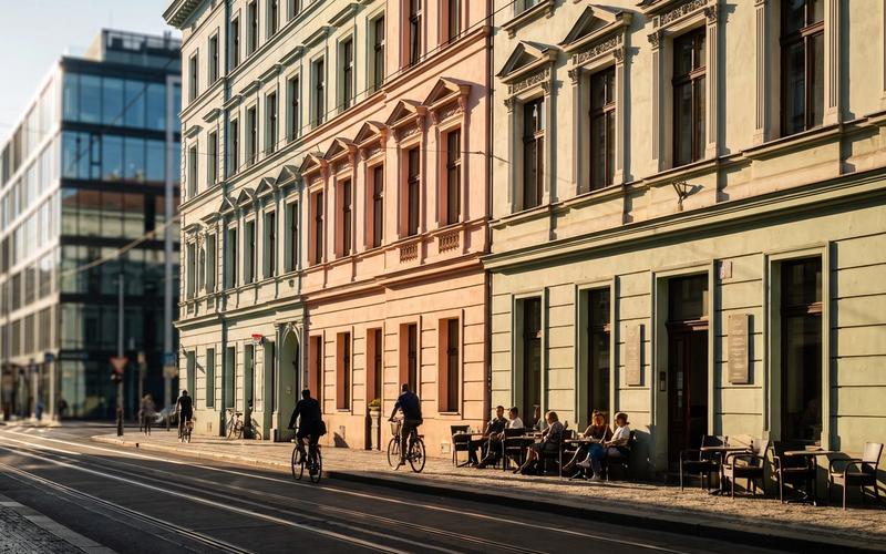 Renovated apartment buildings on a street in Prague Karlín