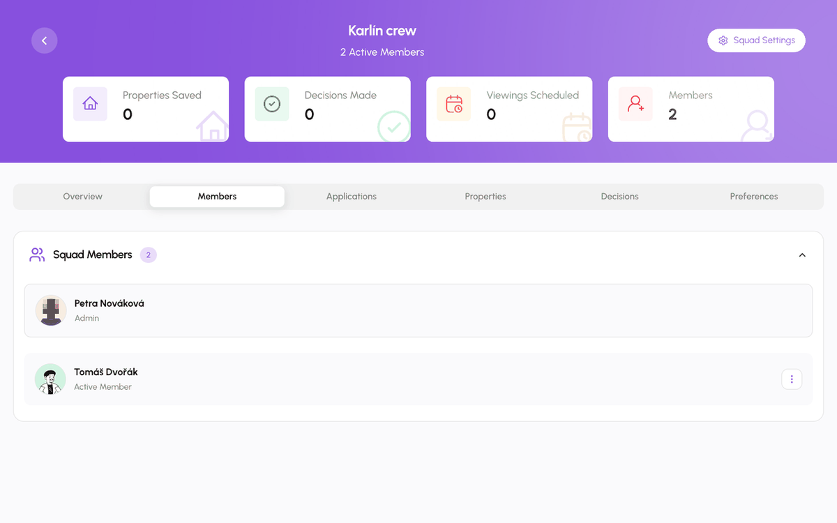 Squad page on the web with the Members tab open