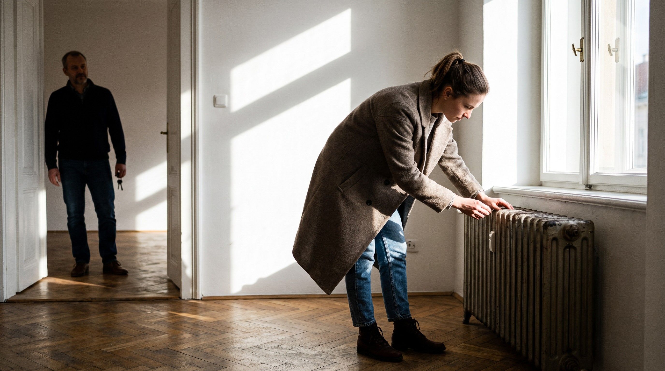 Young woman checking a window during an apartment viewing in Prague