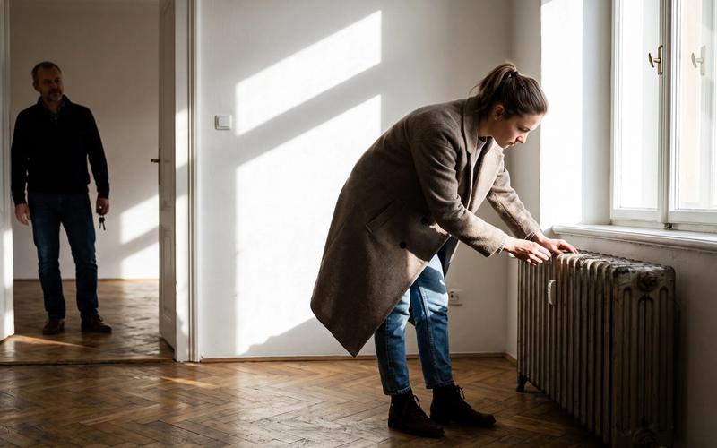 Young woman checking a window during an apartment viewing in Prague